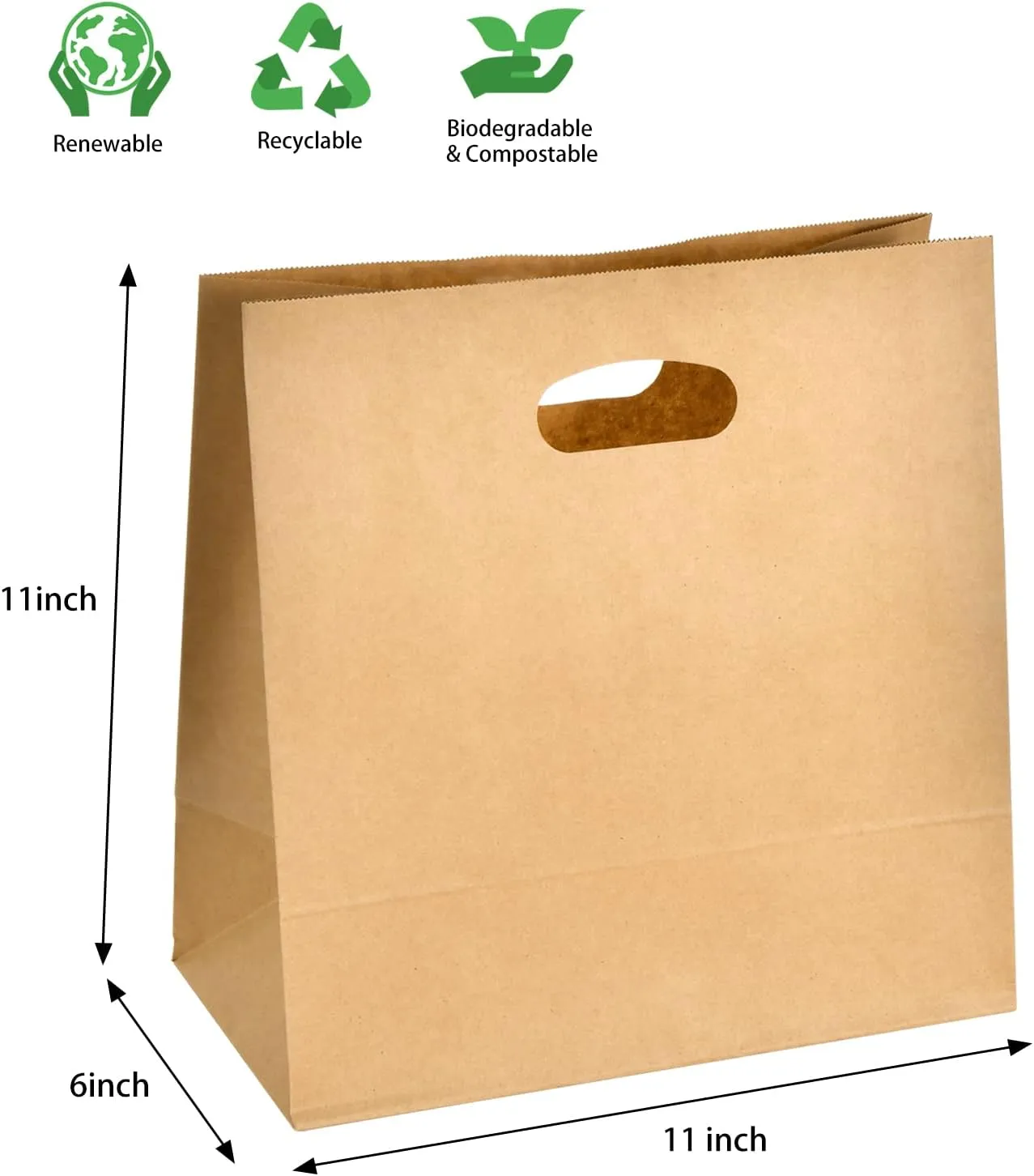 COGLARING 50Pcs 11x6x11 Brown Kraft Paper Bags with Handles, Die Cut Tote Bulk for Retail Shopping Takeout Bakery Gift Bags