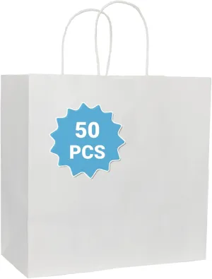 COGLARING 50Pcs White Gift Bags with Handles - 11x5.9x11 Inch Kraft Paper Bag Bulk for Weddings, Parties, Retail & Gift Wrapping - White Paper Bags