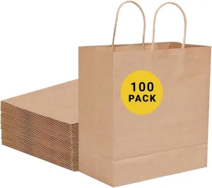 COGLARING Brown Gift Bags with Handles Bulk 100 Pack, 13x7x14 Inch for Shopping, Retail, Merchandise Packaging - Eco-Friendly Durable Paper Bags