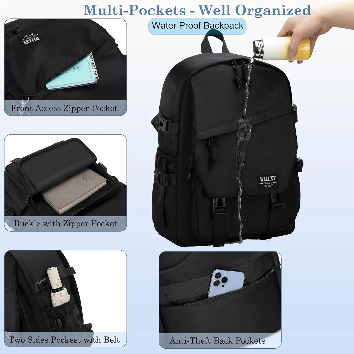 College Laptop Backpack for Men Women 15.6 Elementary Middle High School Book Bag For Teens Girls Boys Anti Theft Travel Backpacks Waterproof Casual Daypack Large Student Bookbags（Black-M）