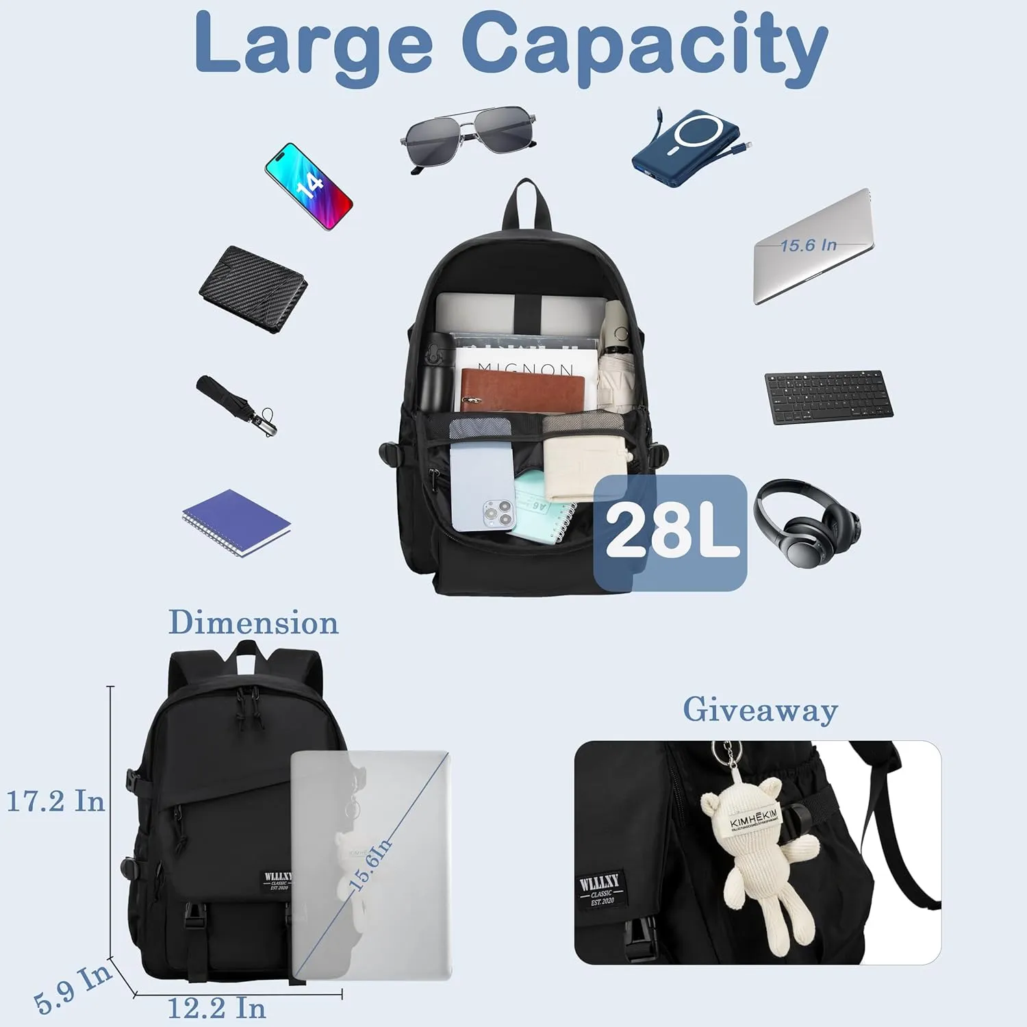 College Laptop Backpack for Men Women 15.6 Elementary Middle High School Book Bag For Teens Girls Boys Anti Theft Travel Backpacks Waterproof Casual Daypack Large Student Bookbags（Black-M）