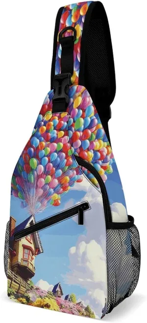 Colorful Balloon And House Sling Bag for Men Women Travel Crossbody Bags Large Hiking Sling Backpack Chest Bag Man Purse