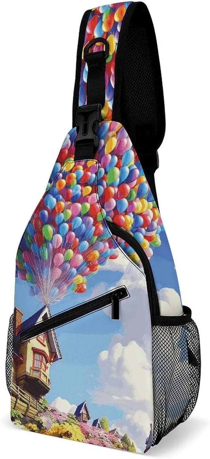 Colorful Balloon And House Sling Bag for Men Women Travel Crossbody Bags Large Hiking Sling Backpack Chest Bag Man Purse