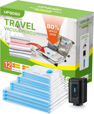 Combo 12 Pack Travel Vacuum Bags with Portable Electric Pump, Space Saver Vacuum Storage Bags for Clothing and Luggage, Travel Essentials