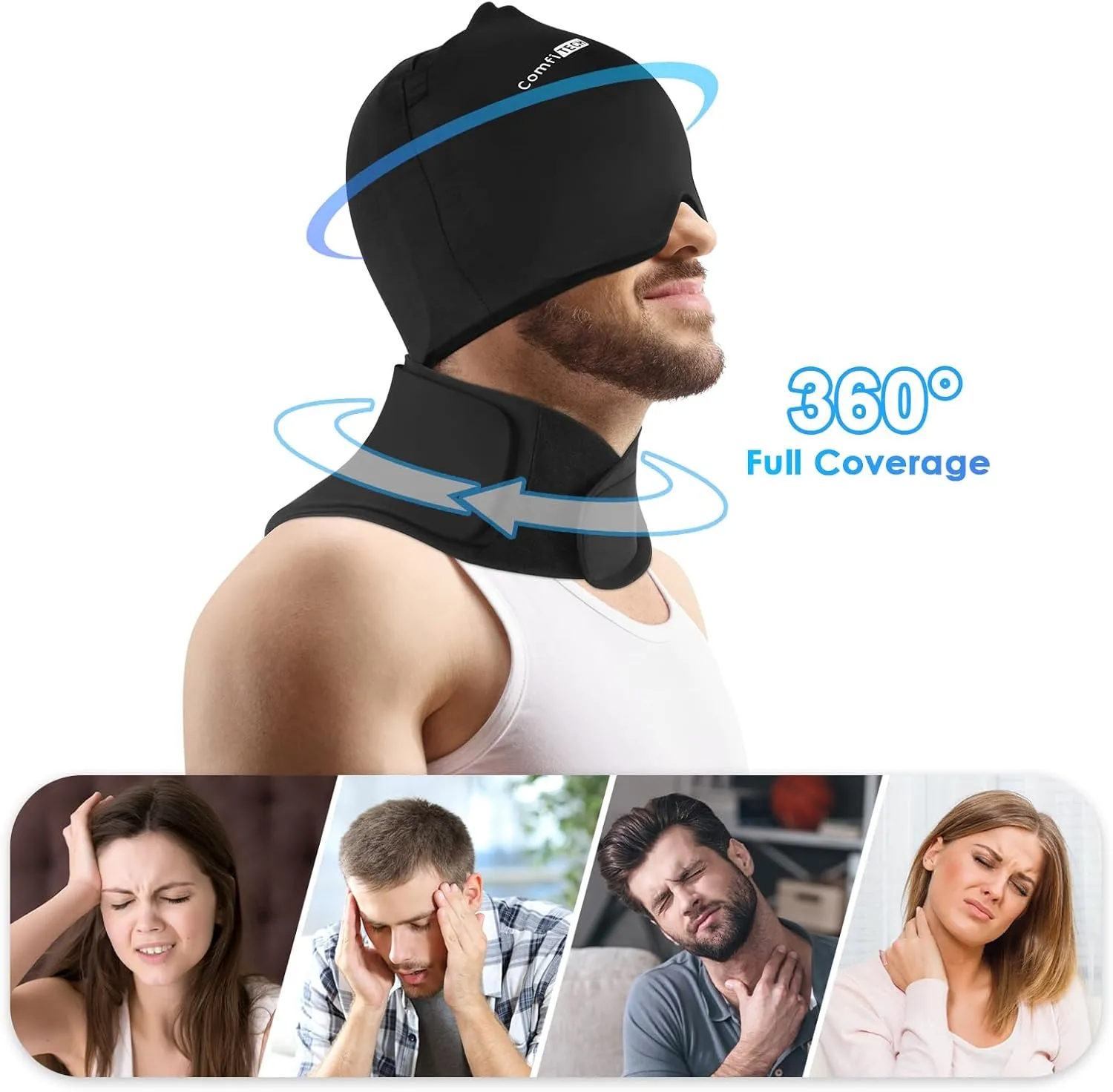 ComfiTECH Cold Cap and Neck Ice Pack Wrap Gel Combo, Care Package for Head and Cervical, Large