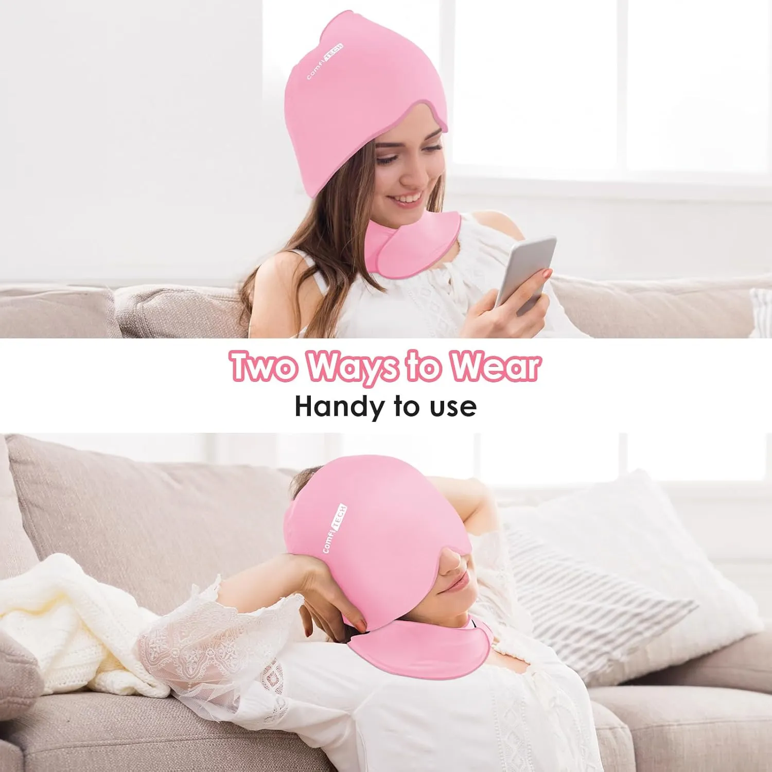 ComfiTECH Cold Cap and Neck Ice Pack Wrap Gel Combo, Care Package for Head and Cervical, Pink