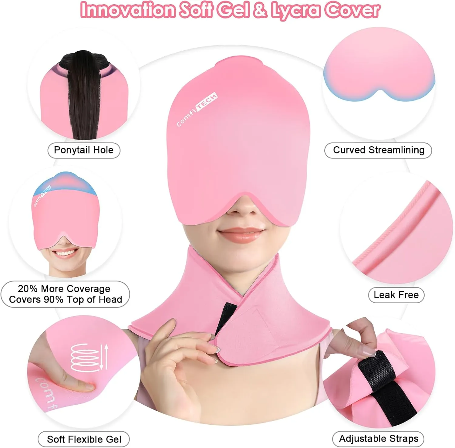ComfiTECH Cold Cap and Neck Ice Pack Wrap Gel Combo, Care Package for Head and Cervical, Pink