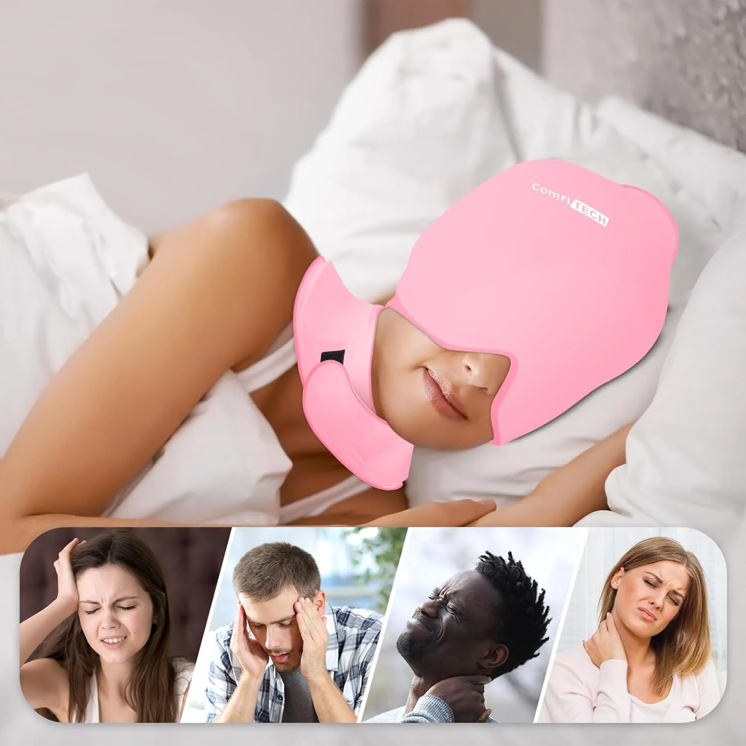 ComfiTECH Cold Cap and Neck Ice Pack Wrap Gel Combo, Care Package for Head and Cervical, Pink