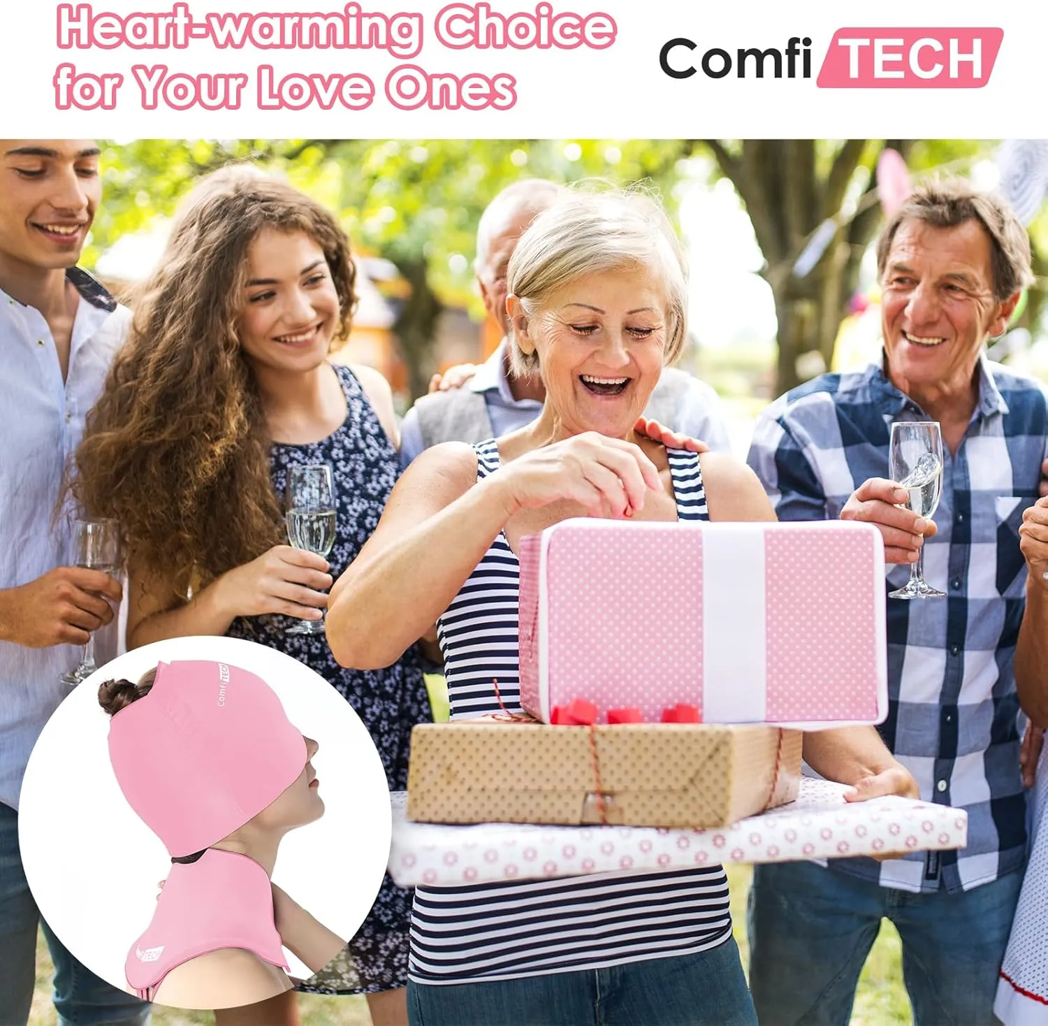 ComfiTECH Cold Cap and Neck Ice Pack Wrap Gel Combo, Care Package for Head and Cervical, Pink