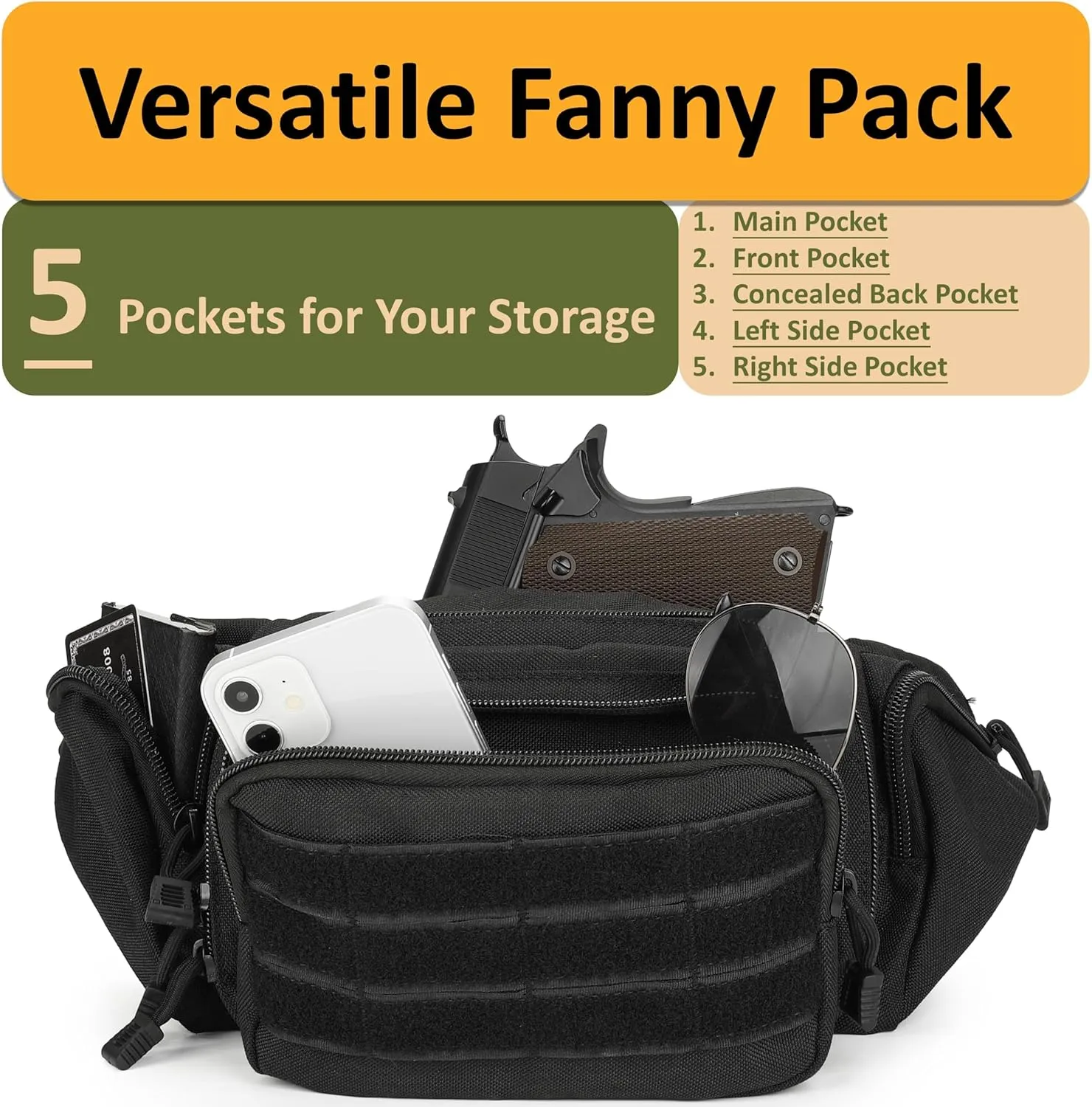 Concealed Carry Fanny Pack, Quick-Release Metal-Buckle Tactical Fanny Pisto Pack for Men, Military Molle Pistol Waist Bag