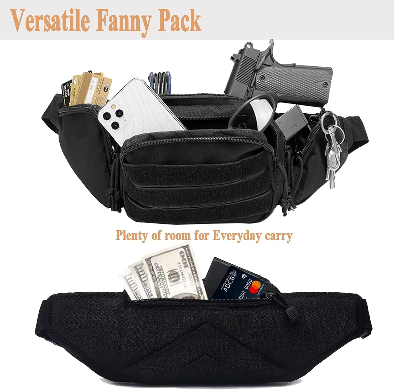 Concealed Carry Pistol Pouch - Tactical Fanny Pack Holster,Waist Gun Bag,Fits Handgun,1911 and More with U.S Patch