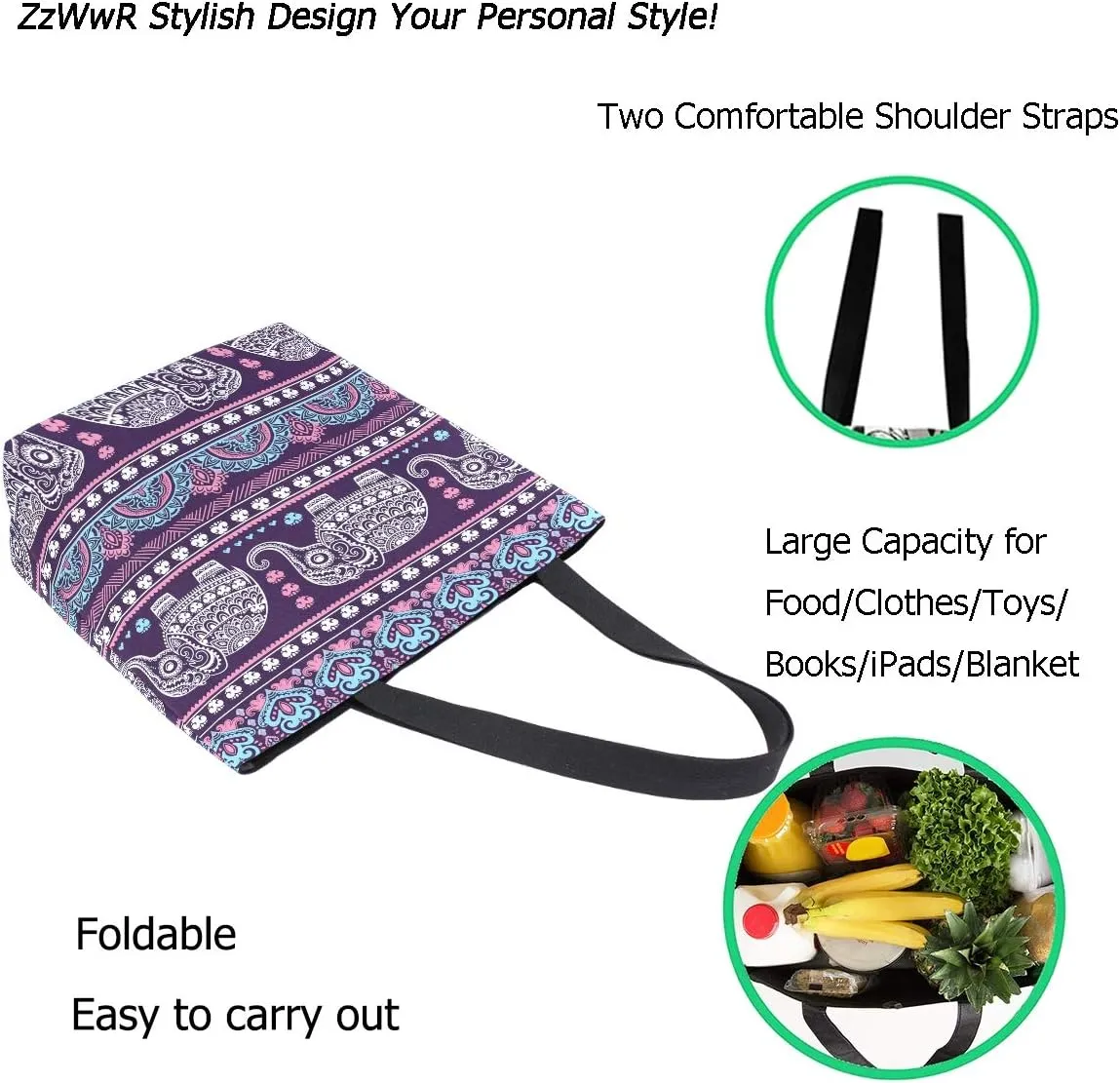 Cool Printed Extra Large Shoulder Tote Bag for Beach Travel Weekender Gym Reusable Grocery Shopping