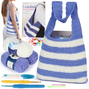 Coopay Crochet Set for Crochet Shoulder Bag, Crochet Kit for Beginners Included Instructions & Crochet Accessories Tools, Complete Crochet Starter Kit Learn to Crochet Blue and White Striped Tote Bag