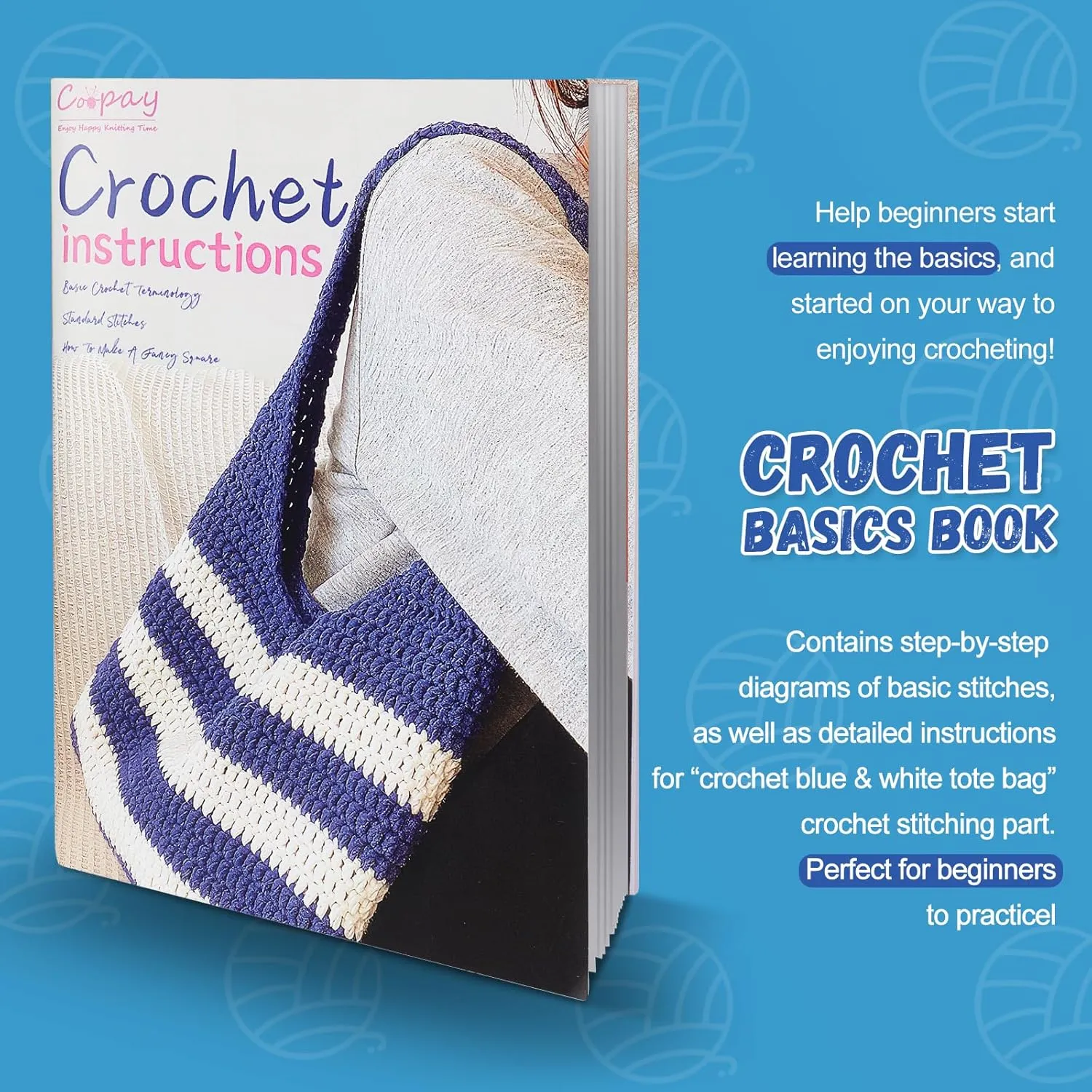 Coopay Crochet Set for Crochet Shoulder Bag, Crochet Kit for Beginners Included Instructions & Crochet Accessories Tools, Complete Crochet Starter Kit Learn to Crochet Blue and White Striped Tote Bag