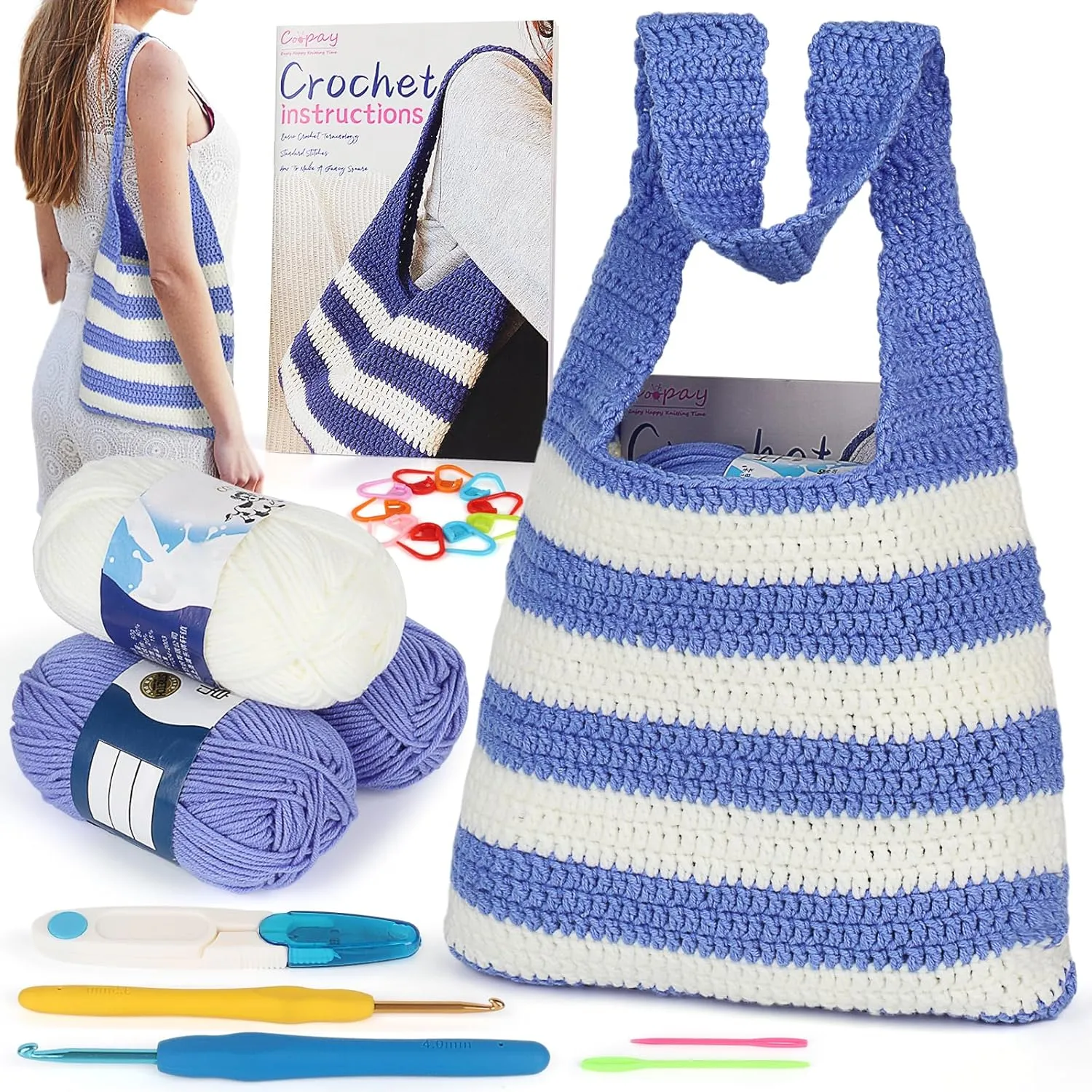 Coopay Crochet Set for Crochet Shoulder Bag, Crochet Kit for Beginners Included Instructions & Crochet Accessories Tools, Complete Crochet Starter Kit Learn to Crochet Blue and White Striped Tote Bag