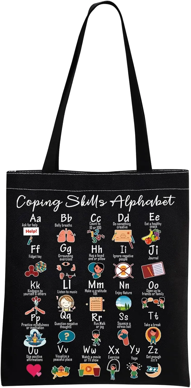 Coping Skills Alphabet Tote Bag Counselor Handbag Mental Health Awareness Bag Therapist Bag