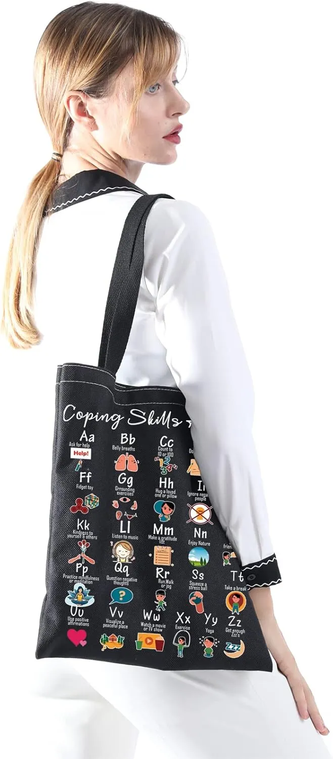 Coping Skills Alphabet Tote Bag Counselor Handbag Mental Health Awareness Bag Therapist Bag