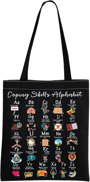 Coping Skills Alphabet Tote Bag Counselor Handbag Mental Health Awareness Bag Therapist Bag