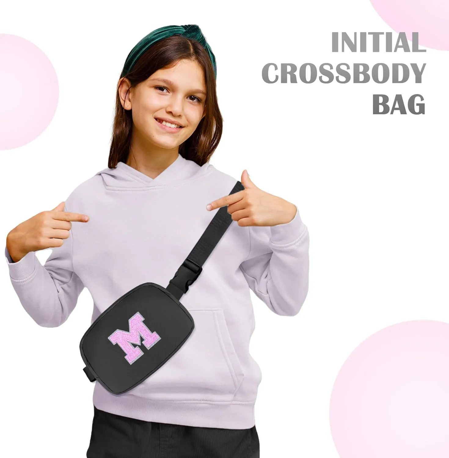 COSHAYSOO Black Belt Bag Small Waist Fanny Pack Crossbody Purse with Initial Letter for Teen Girl Women Easter Birthday Preppy Gift, Cross Body Travel Everywhere Essential Chest Pouch Trendy M