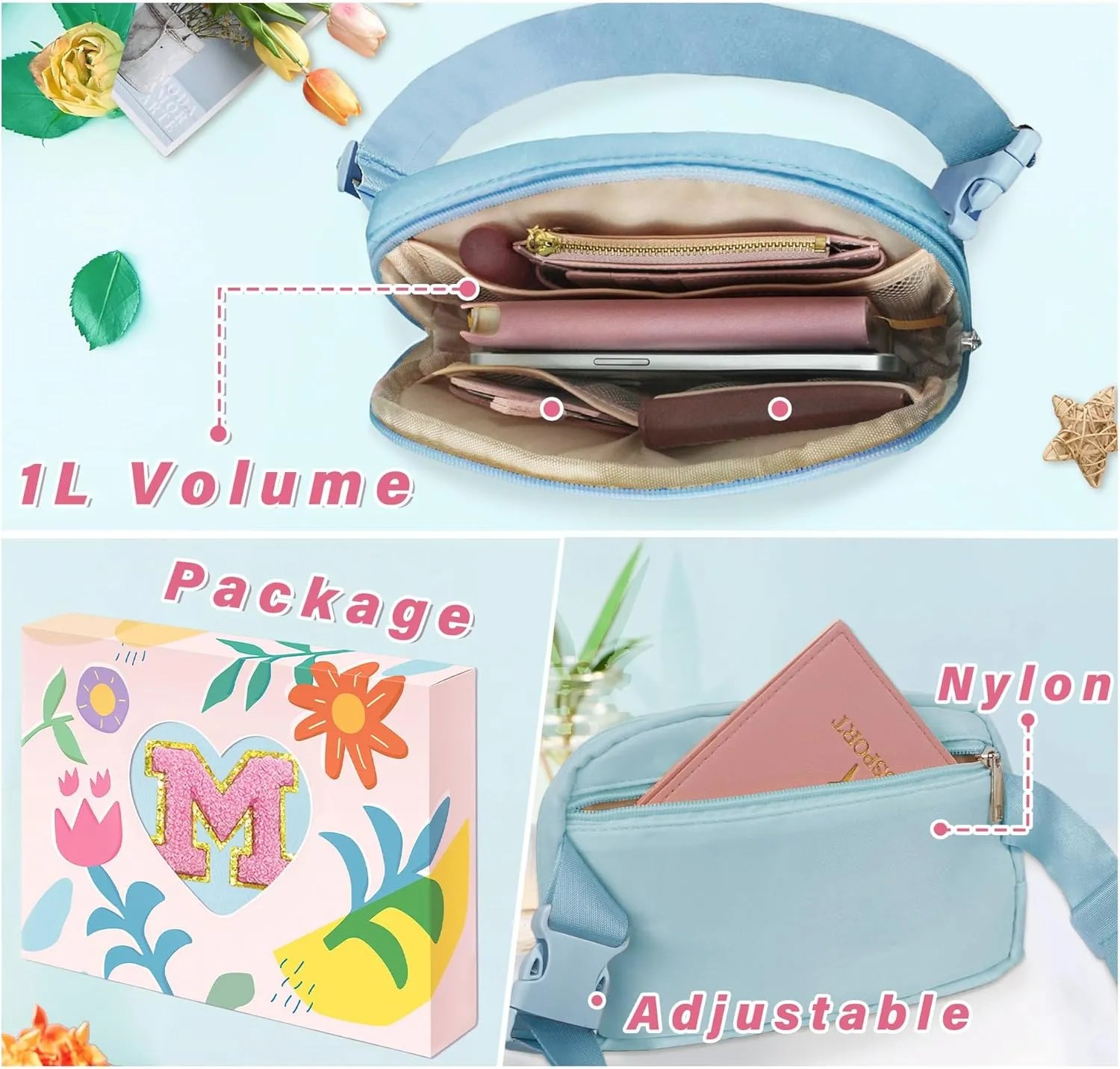 COSHAYSOO Easter Birthday Initial Gifts for Teen Girls 5 6 7 8 9 10 11 12 13 14 Year Old Blue Fanny Pack for Girls Belt Bag Crossbody Travel Purse Unique Trendy Fashion Stuff Chenille Letter M
