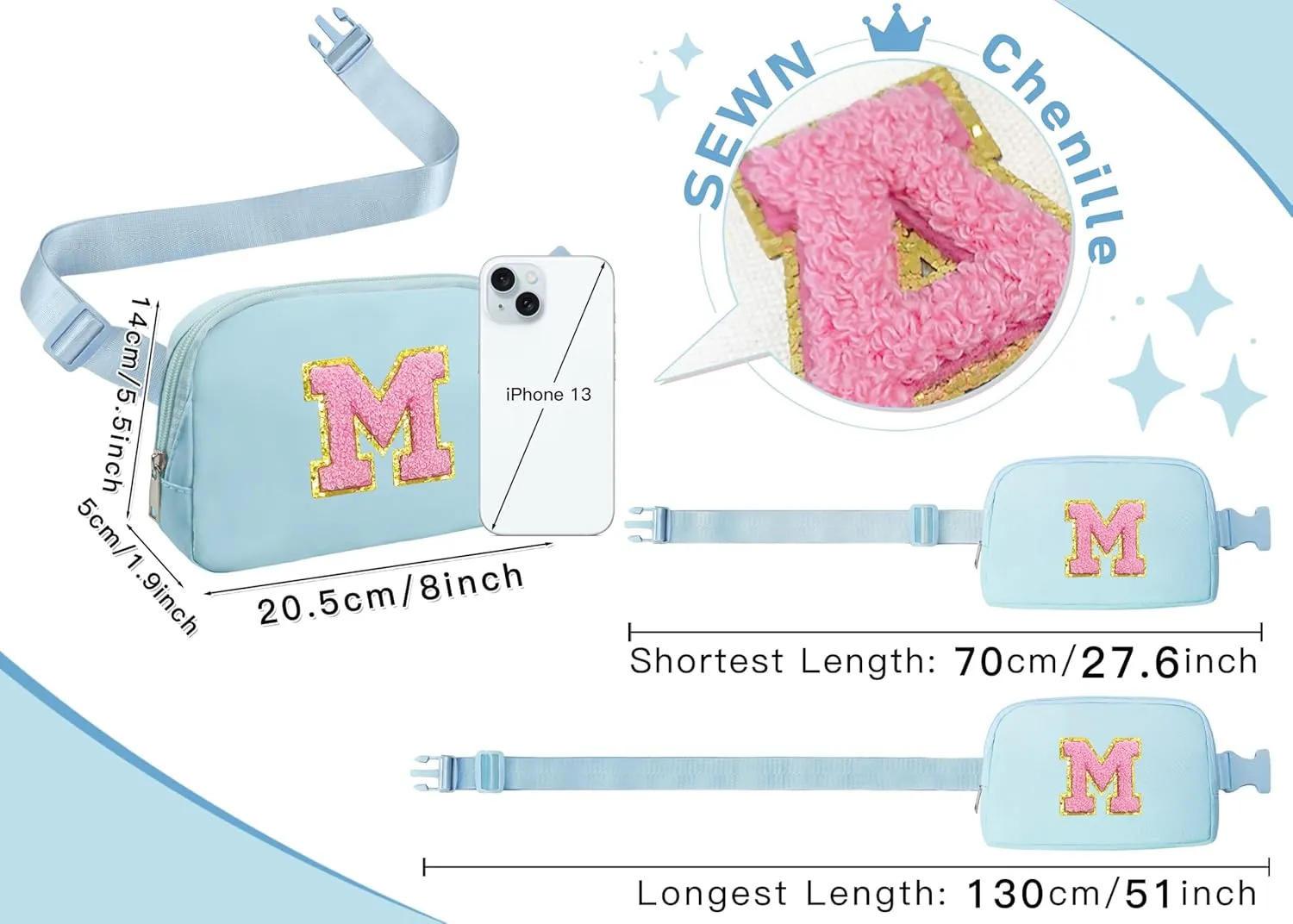 COSHAYSOO Easter Birthday Initial Gifts for Teen Girls 5 6 7 8 9 10 11 12 13 14 Year Old Blue Fanny Pack for Girls Belt Bag Crossbody Travel Purse Unique Trendy Fashion Stuff Chenille Letter M