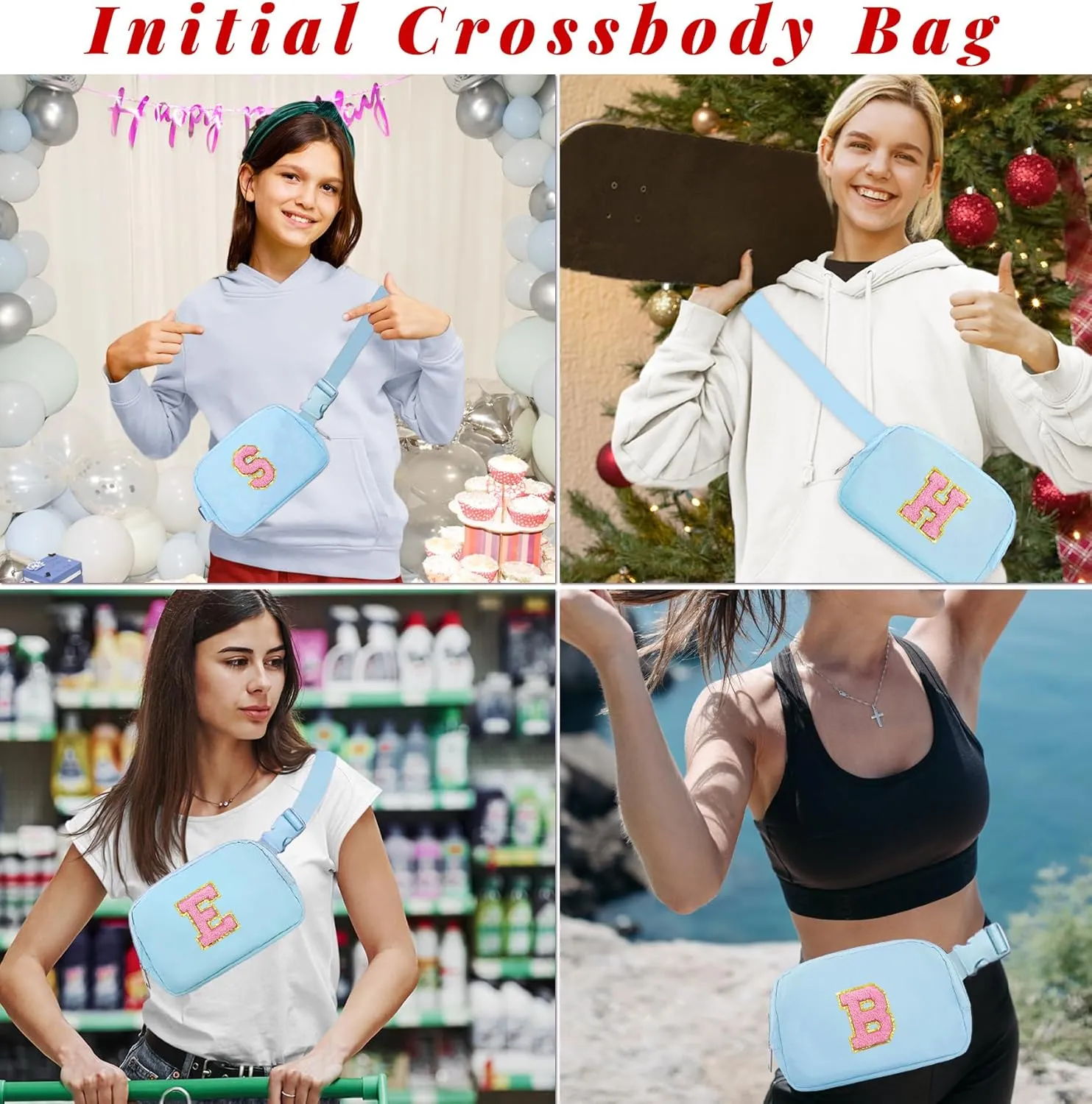 COSHAYSOO Easter Birthday Initial Gifts for Teen Girls 5 6 7 8 9 10 11 12 13 14 Year Old Blue Fanny Pack for Girls Belt Bag Crossbody Travel Purse Unique Trendy Fashion Stuff Chenille Letter M