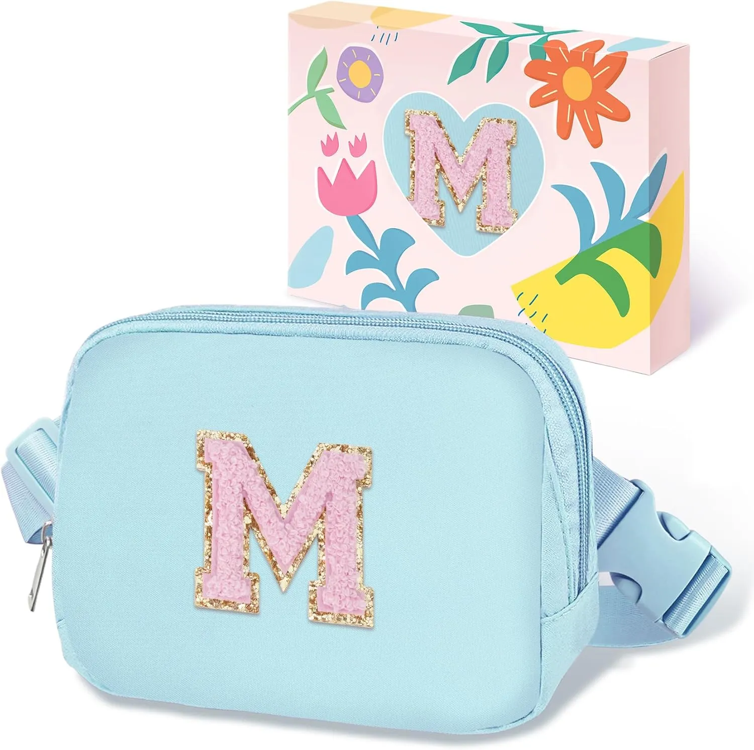 COSHAYSOO Easter Birthday Initial Gifts for Teen Girls 5 6 7 8 9 10 11 12 13 14 Year Old Blue Fanny Pack for Girls Belt Bag Crossbody Travel Purse Unique Trendy Fashion Stuff Chenille Letter M