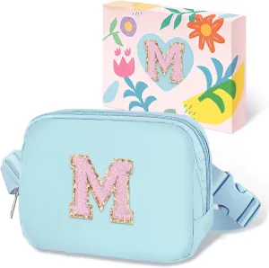 COSHAYSOO Easter Birthday Initial Gifts for Teen Girls 5 6 7 8 9 10 11 12 13 14 Year Old Blue Fanny Pack for Girls Belt Bag Crossbody Travel Purse Unique Trendy Fashion Stuff Chenille Letter M