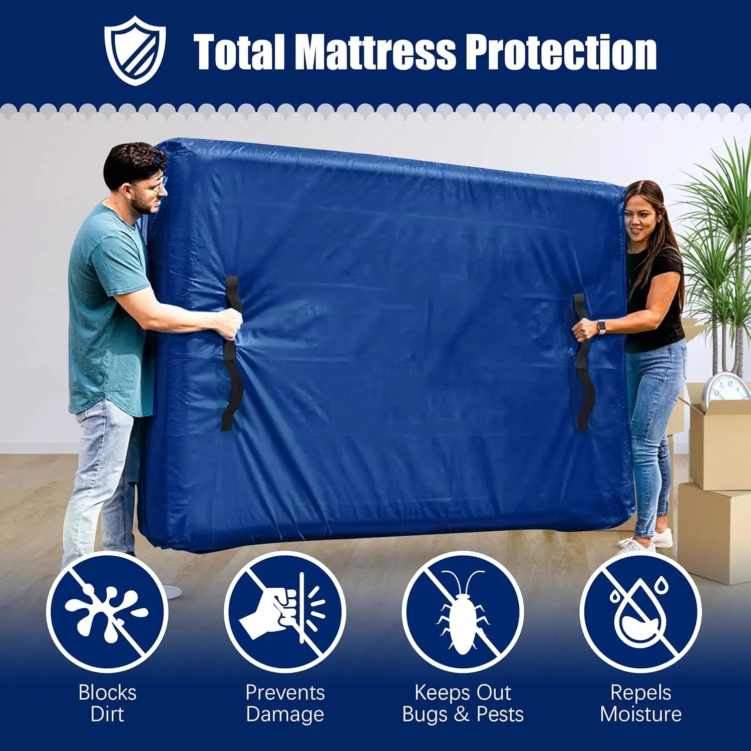 Cosy Family Mattress Bags for Moving with 8 Handles - 170GSM Extra-Thick Mattress Bag for Moving Supplies - Reusable Mattress Cover Protector Storage with Zipper, Blue, Queen-(Pack of 2)