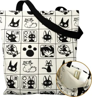 Cotton Canvas Reusable Grocery Bags Tote Bag with Inner Pocke, Black And White Pattern Printing for Shopping Gym And Travel