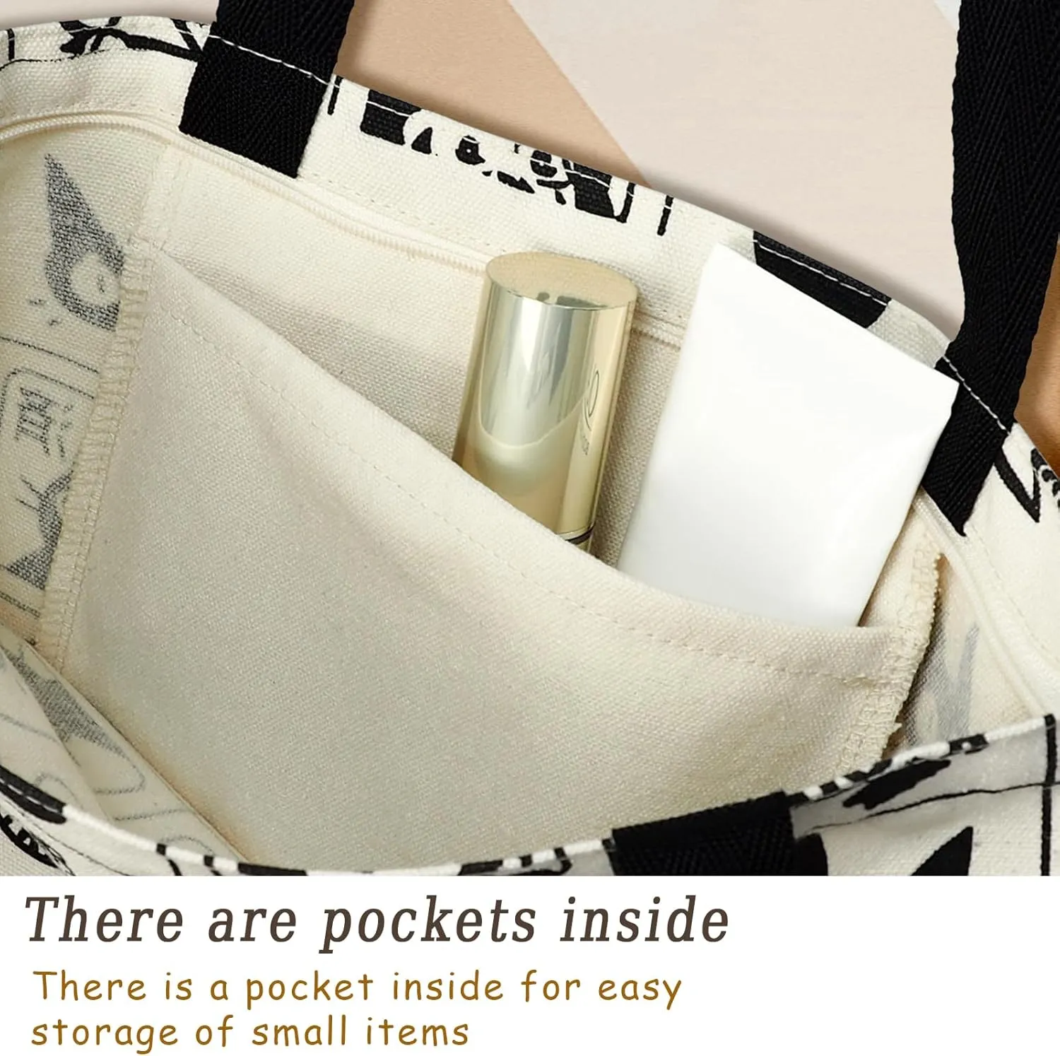 Cotton Canvas Reusable Grocery Bags Tote Bag with Inner Pocke, Black And White Pattern Printing for Shopping Gym And Travel