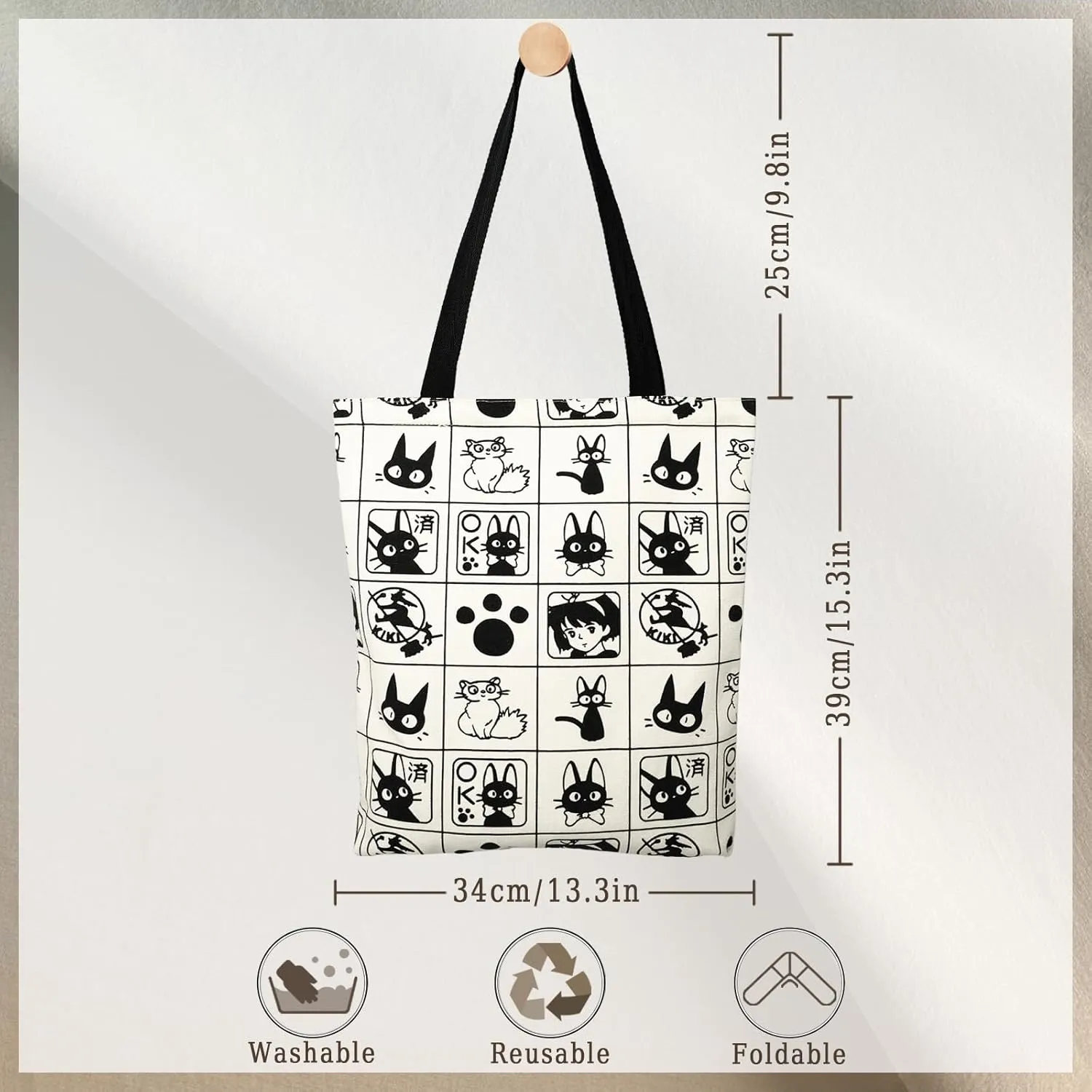 Cotton Canvas Reusable Grocery Bags Tote Bag with Inner Pocke, Black And White Pattern Printing for Shopping Gym And Travel