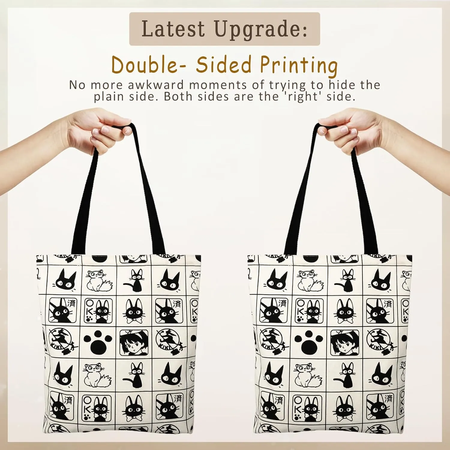 Cotton Canvas Reusable Grocery Bags Tote Bag with Inner Pocke, Black And White Pattern Printing for Shopping Gym And Travel
