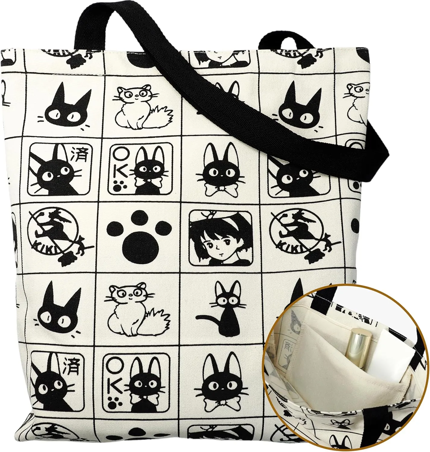 Cotton Canvas Reusable Grocery Bags Tote Bag with Inner Pocke, Black And White Pattern Printing for Shopping Gym And Travel
