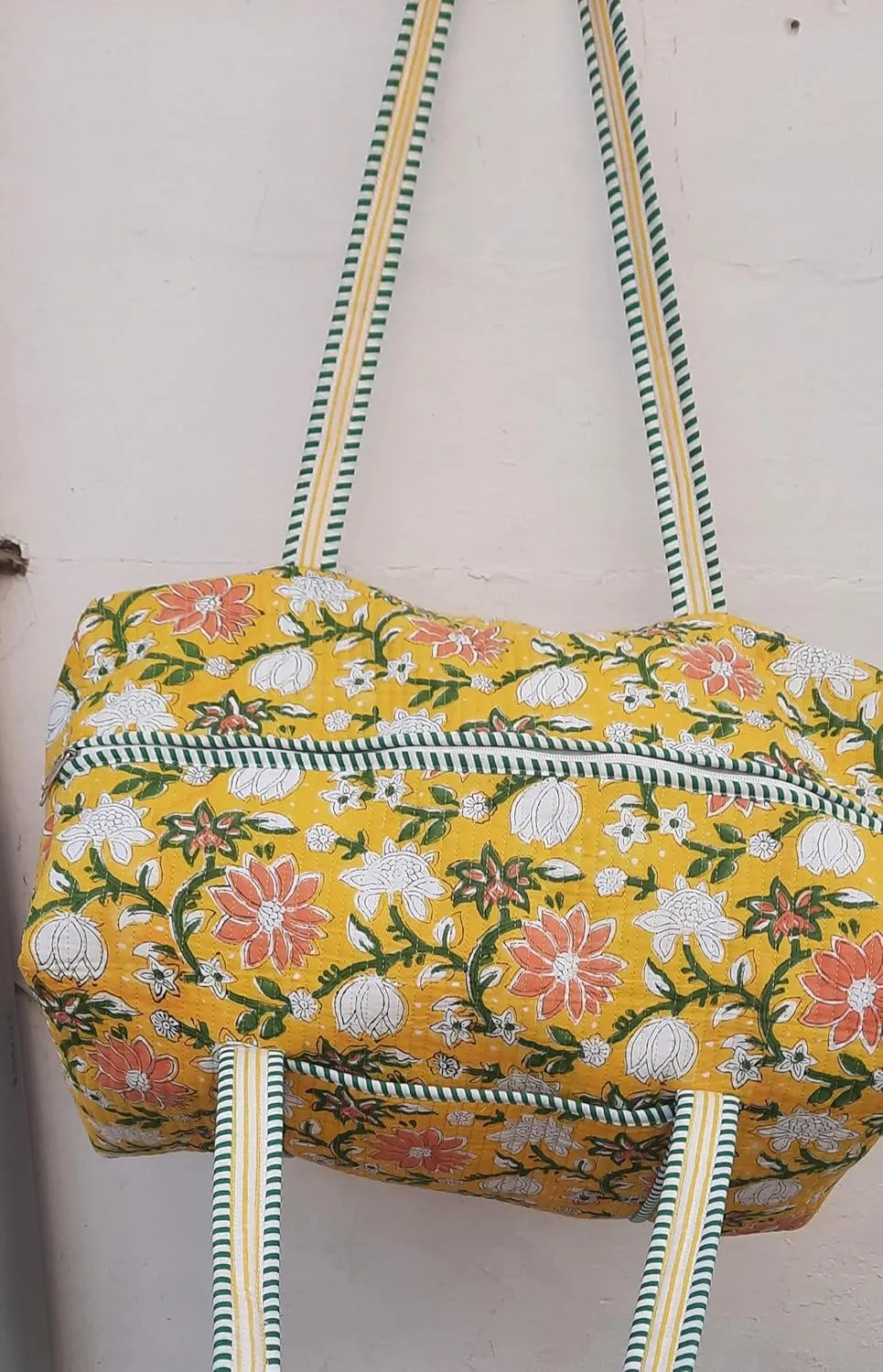 Cotton Quilted Duffle Bag Floral Print Bags Shoulder Weekender Overnight Travel Carry Gym Luggage Yoga Bag (Design-11_11)