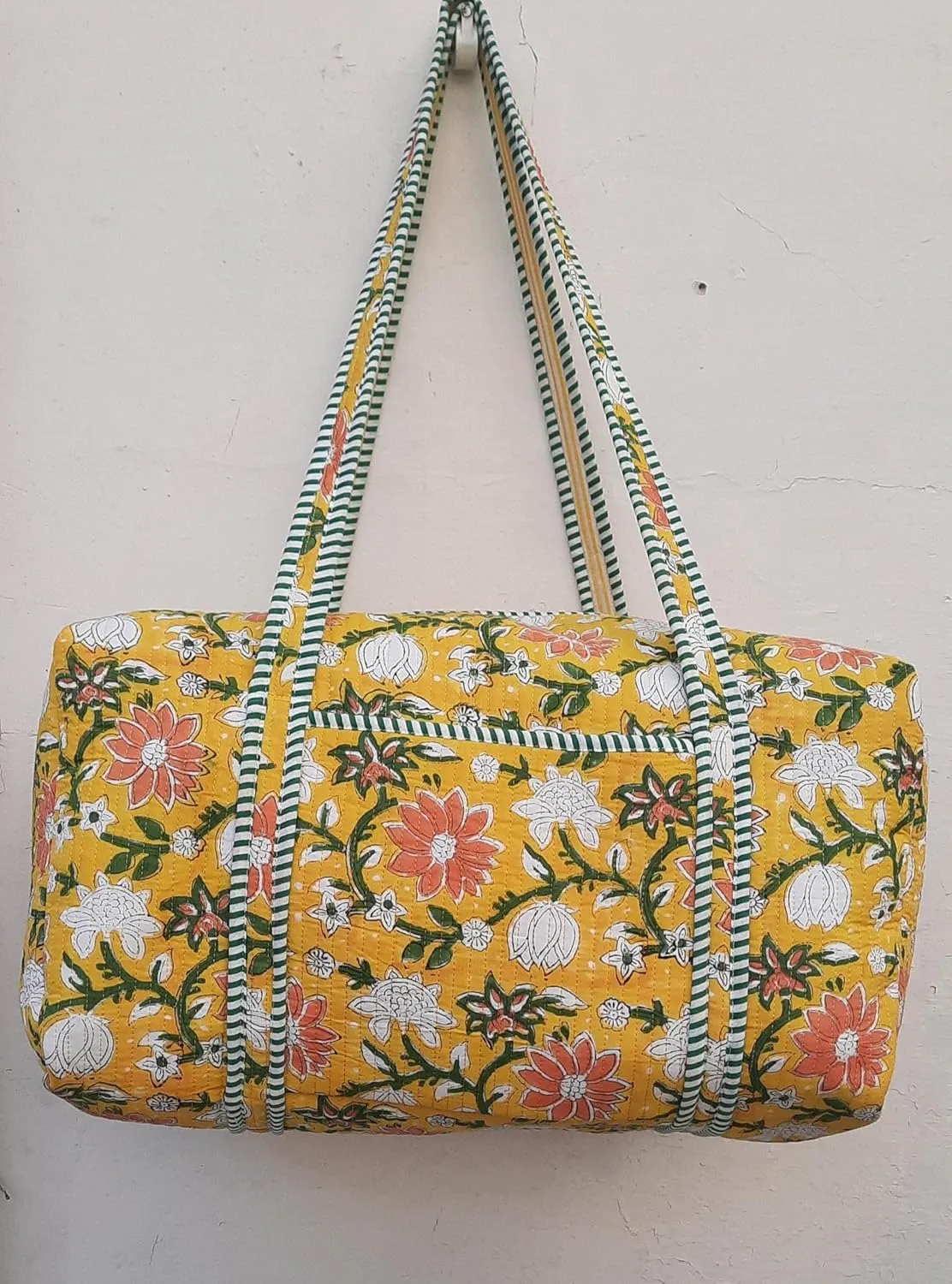 Cotton Quilted Duffle Bag Floral Print Bags Shoulder Weekender Overnight Travel Carry Gym Luggage Yoga Bag (Design-11_11)