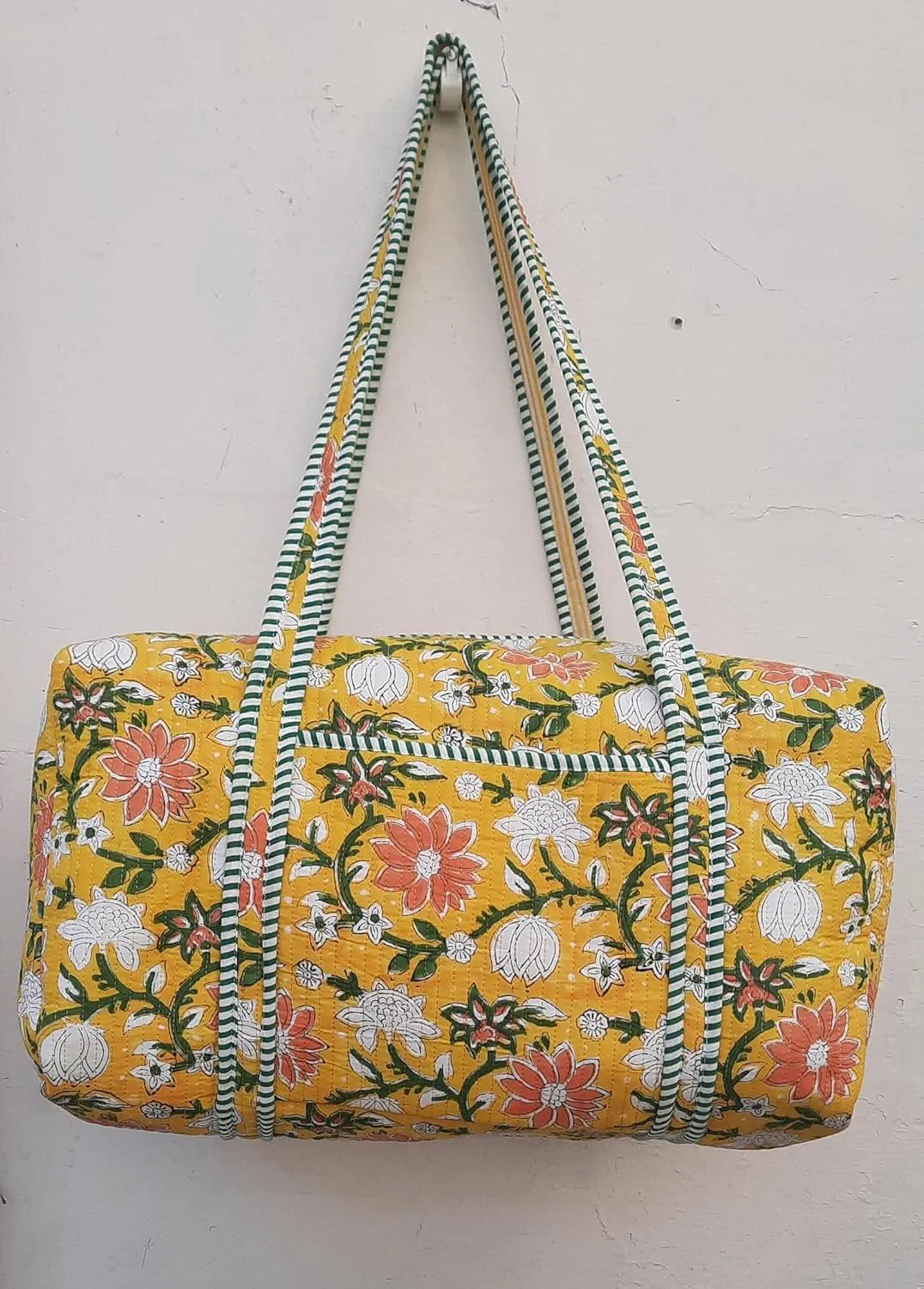 Cotton Quilted Duffle Bag Floral Print Bags Shoulder Weekender Overnight Travel Carry Gym Luggage Yoga Bag (Design-11_11)