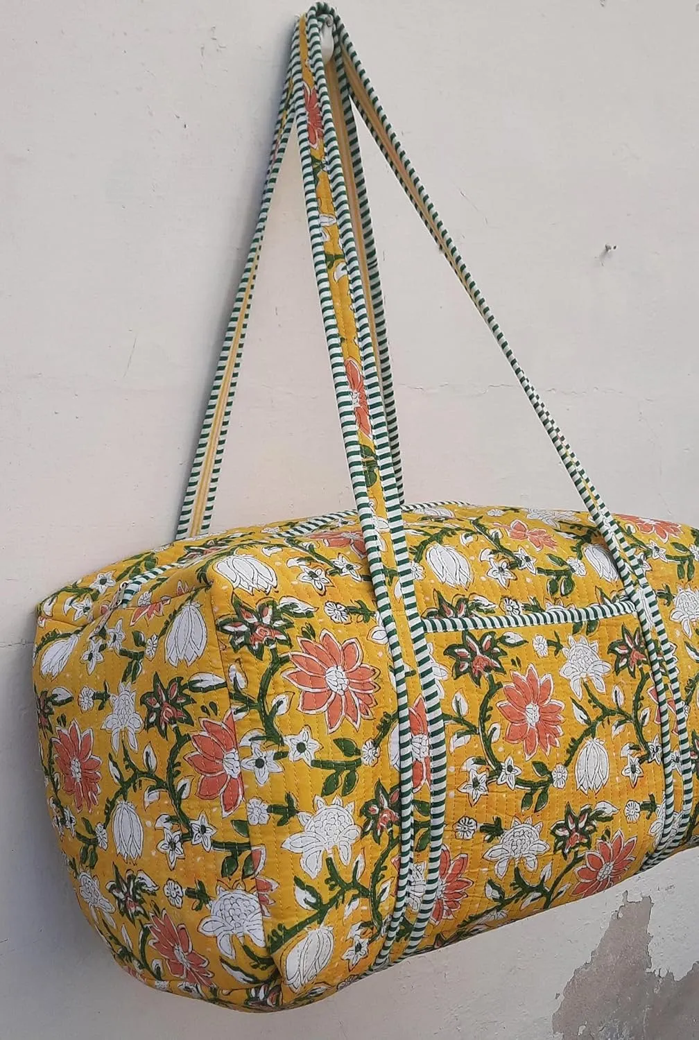 Cotton Quilted Duffle Bag Floral Print Bags Shoulder Weekender Overnight Travel Carry Gym Luggage Yoga Bag (Design-11_11)