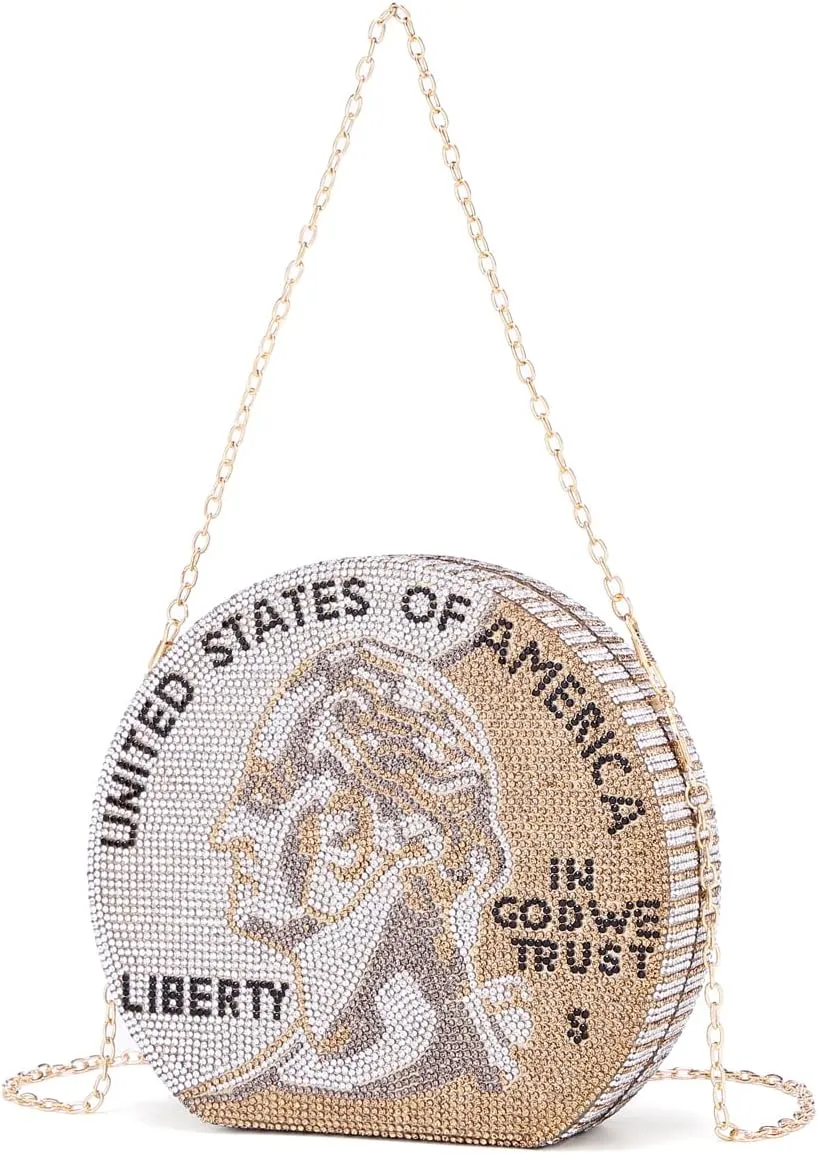 Covelin Women's Dollar Coin Handbag Rhinestone Purse Evening Clutch Bag