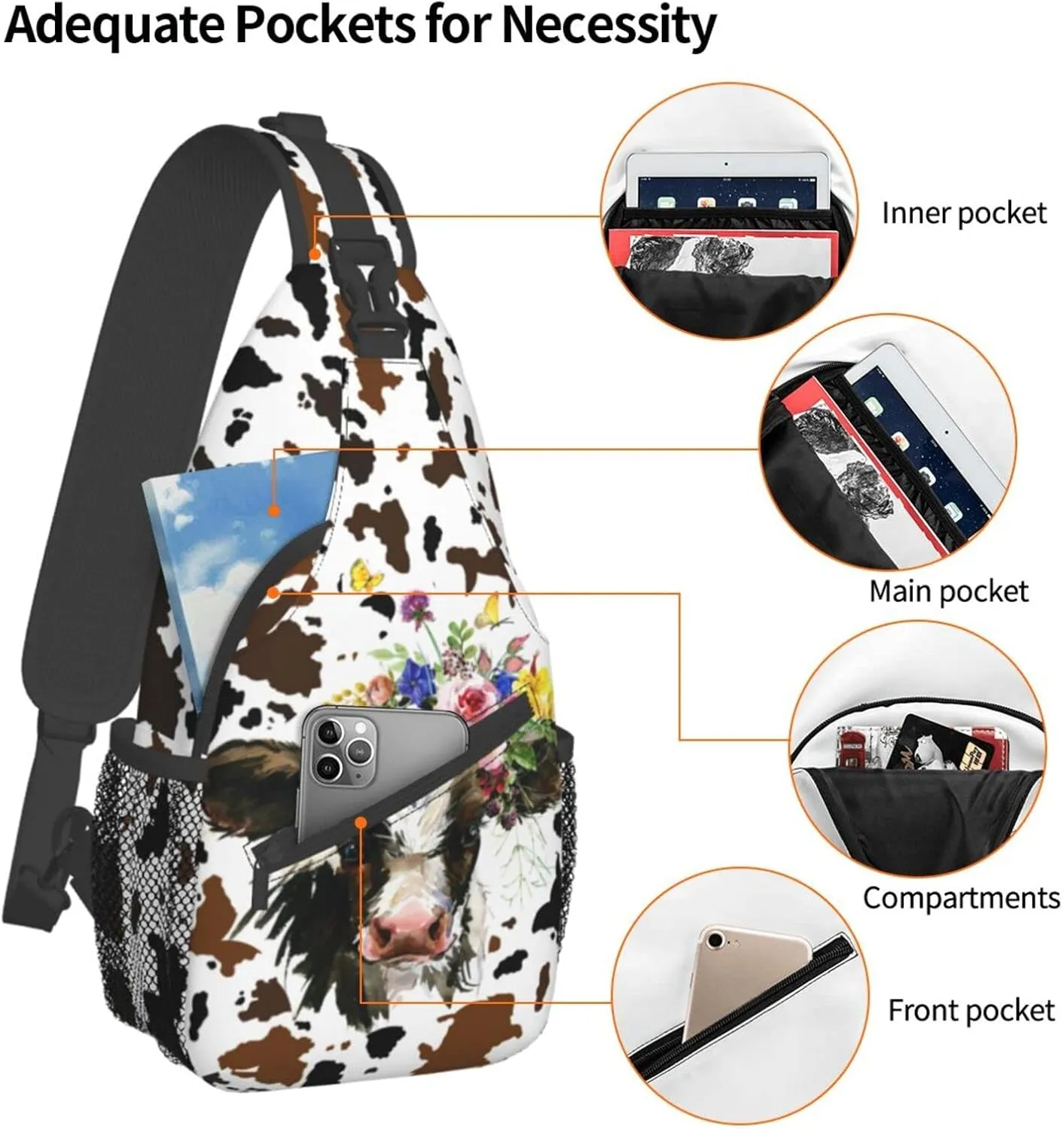 Cow Print Sling Bag Crossbody Backpack Hiking Travel Daypack Chest Bag Lightweight Shoulder Bag For Women Men