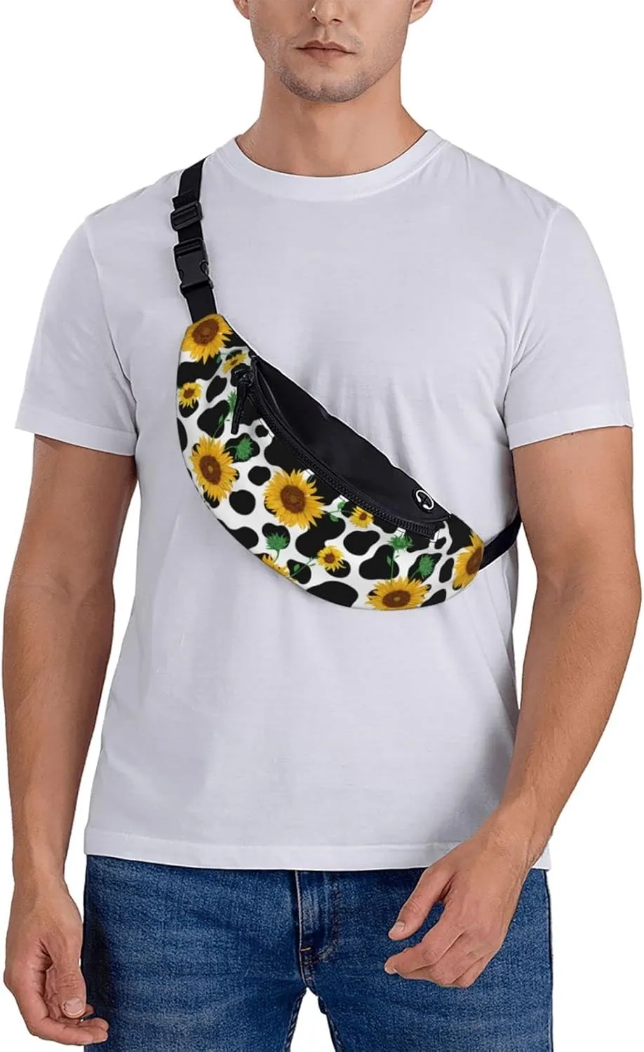 Cow Print Sunflower Fanny Packs For Women With Earphone Hole, Adjustable Belt Bag For Women, Waist Bag Cross Body Fanny Pack Chest Bag For Women Hiking Traveling Running