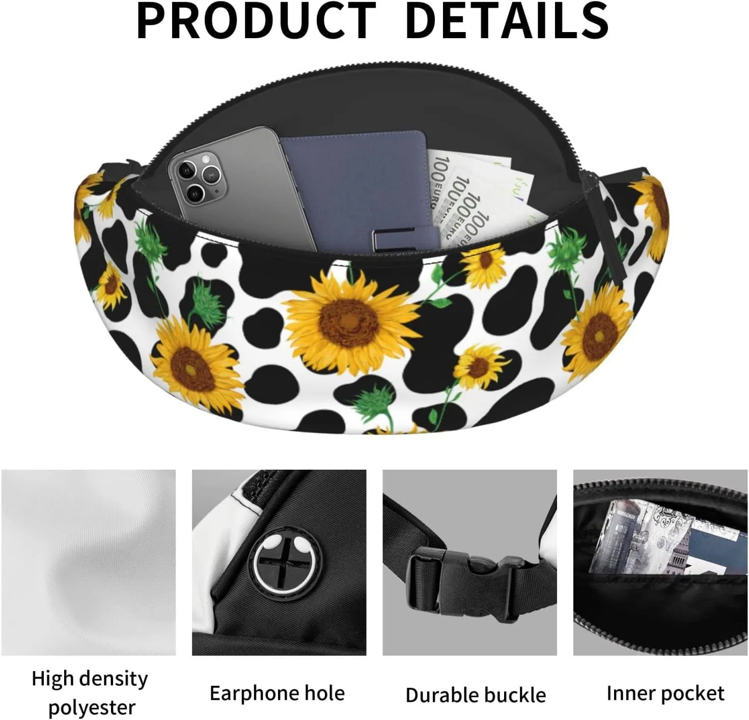 Cow Print Sunflower Fanny Packs For Women With Earphone Hole, Adjustable Belt Bag For Women, Waist Bag Cross Body Fanny Pack Chest Bag For Women Hiking Traveling Running
