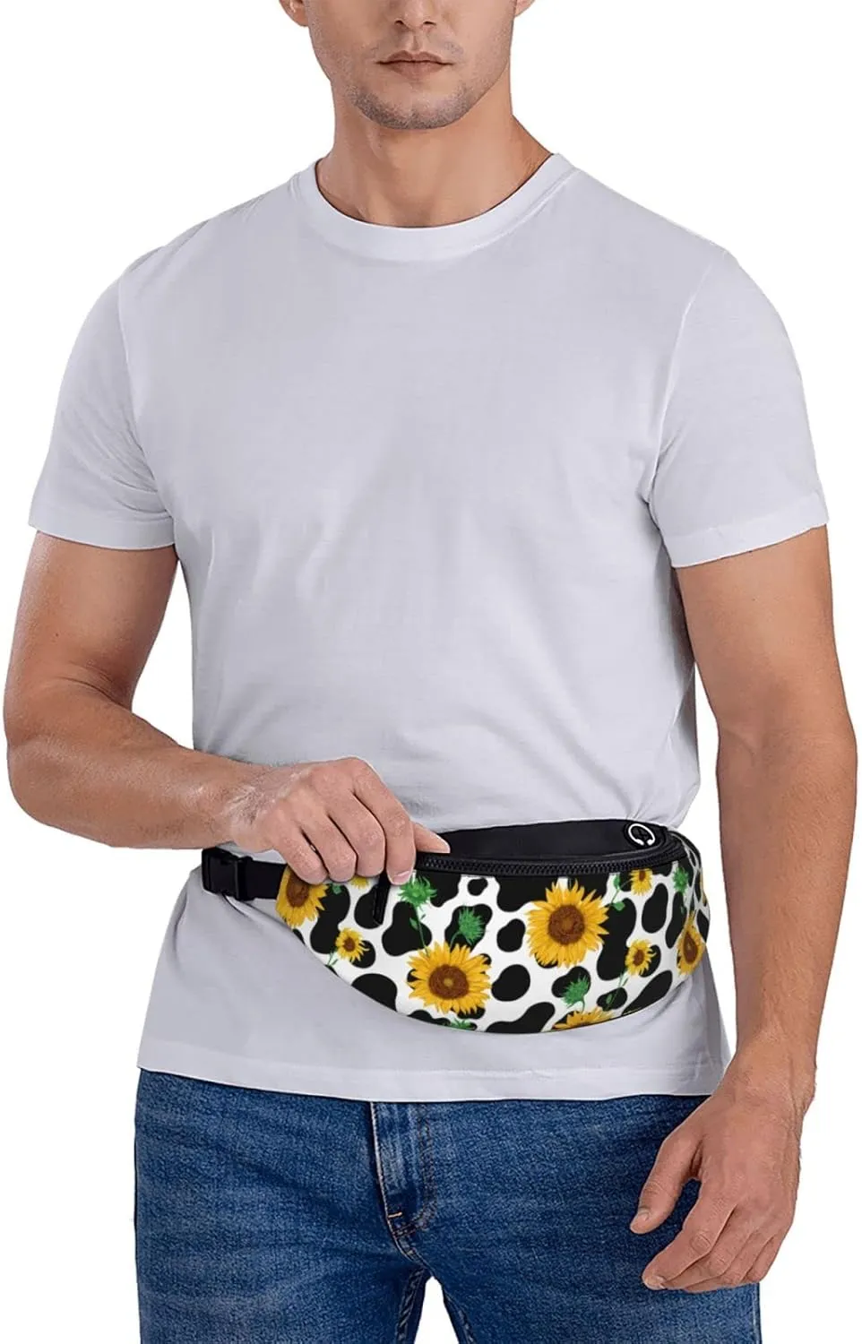 Cow Print Sunflower Fanny Packs For Women With Earphone Hole, Adjustable Belt Bag For Women, Waist Bag Cross Body Fanny Pack Chest Bag For Women Hiking Traveling Running