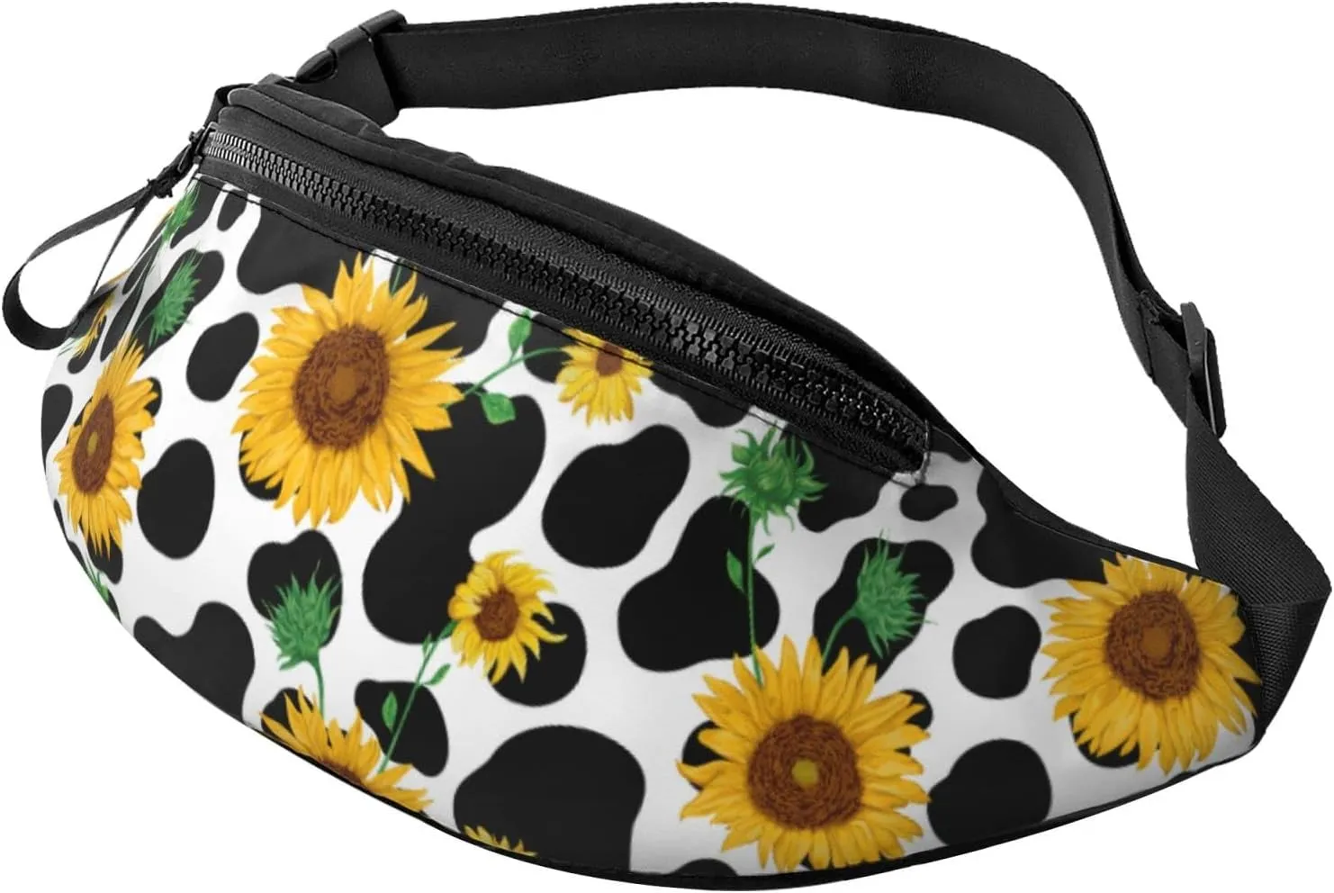 Cow Print Sunflower Fanny Packs For Women With Earphone Hole, Adjustable Belt Bag For Women, Waist Bag Cross Body Fanny Pack Chest Bag For Women Hiking Traveling Running