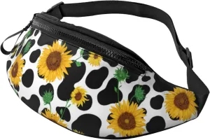 Cow Print Sunflower Fanny Packs For Women With Earphone Hole, Adjustable Belt Bag For Women, Waist Bag Cross Body Fanny Pack Chest Bag For Women Hiking Traveling Running
