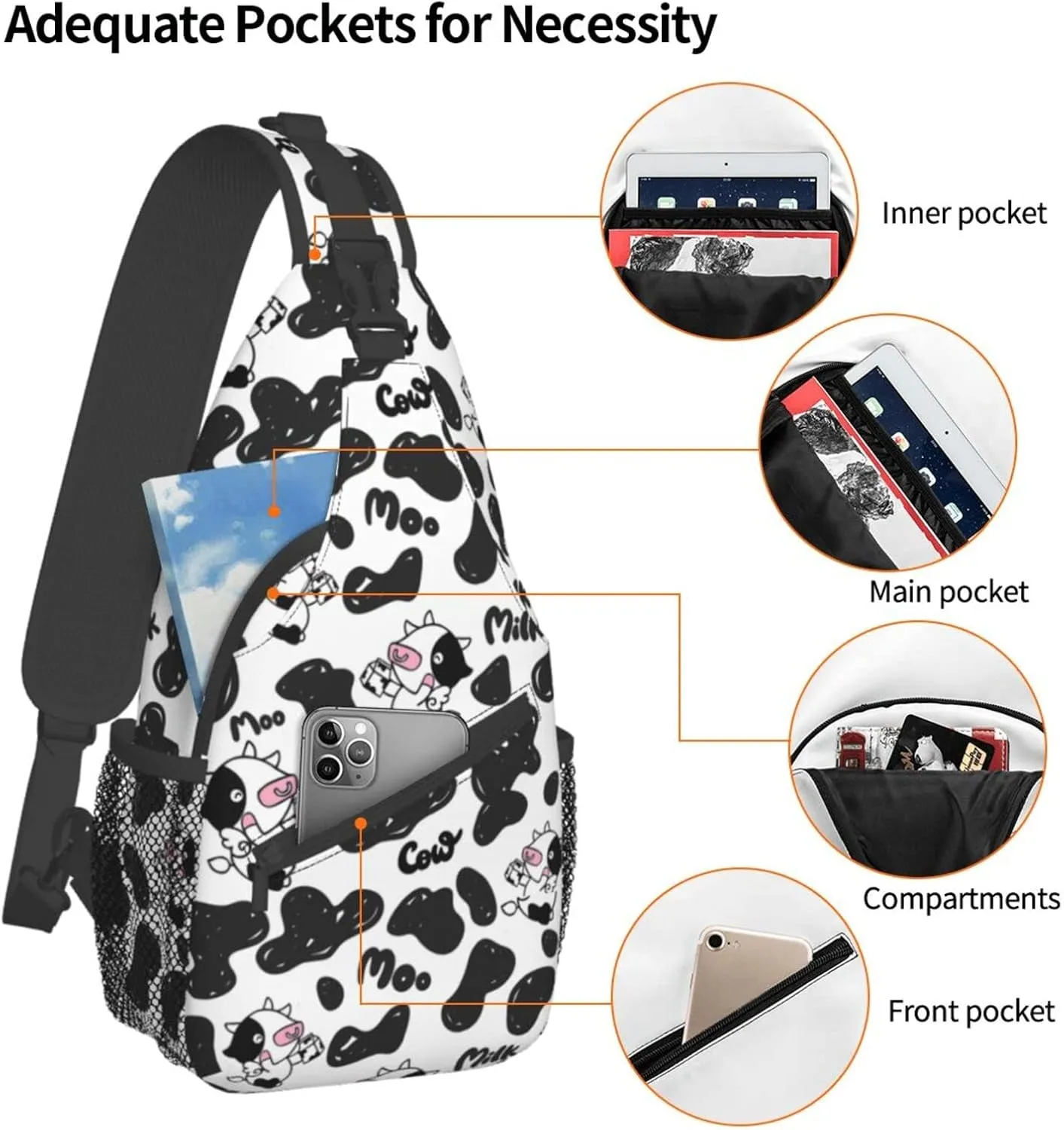 Cow Print White Sling Bag Crossbody Backpack Hiking Travel Daypack Chest Bag Lightweight Shoulder Bag For Women Men