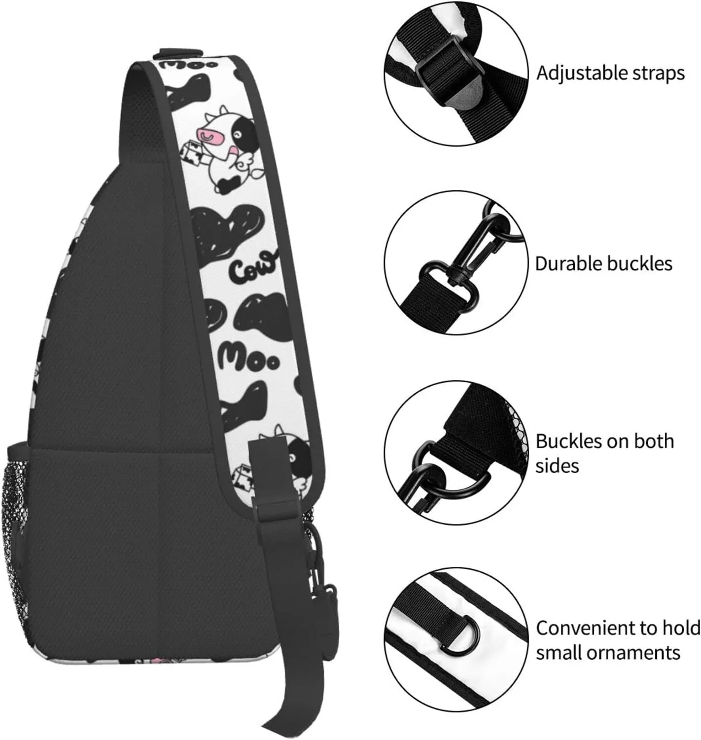 Cow Print White Sling Bag Crossbody Backpack Hiking Travel Daypack Chest Bag Lightweight Shoulder Bag For Women Men