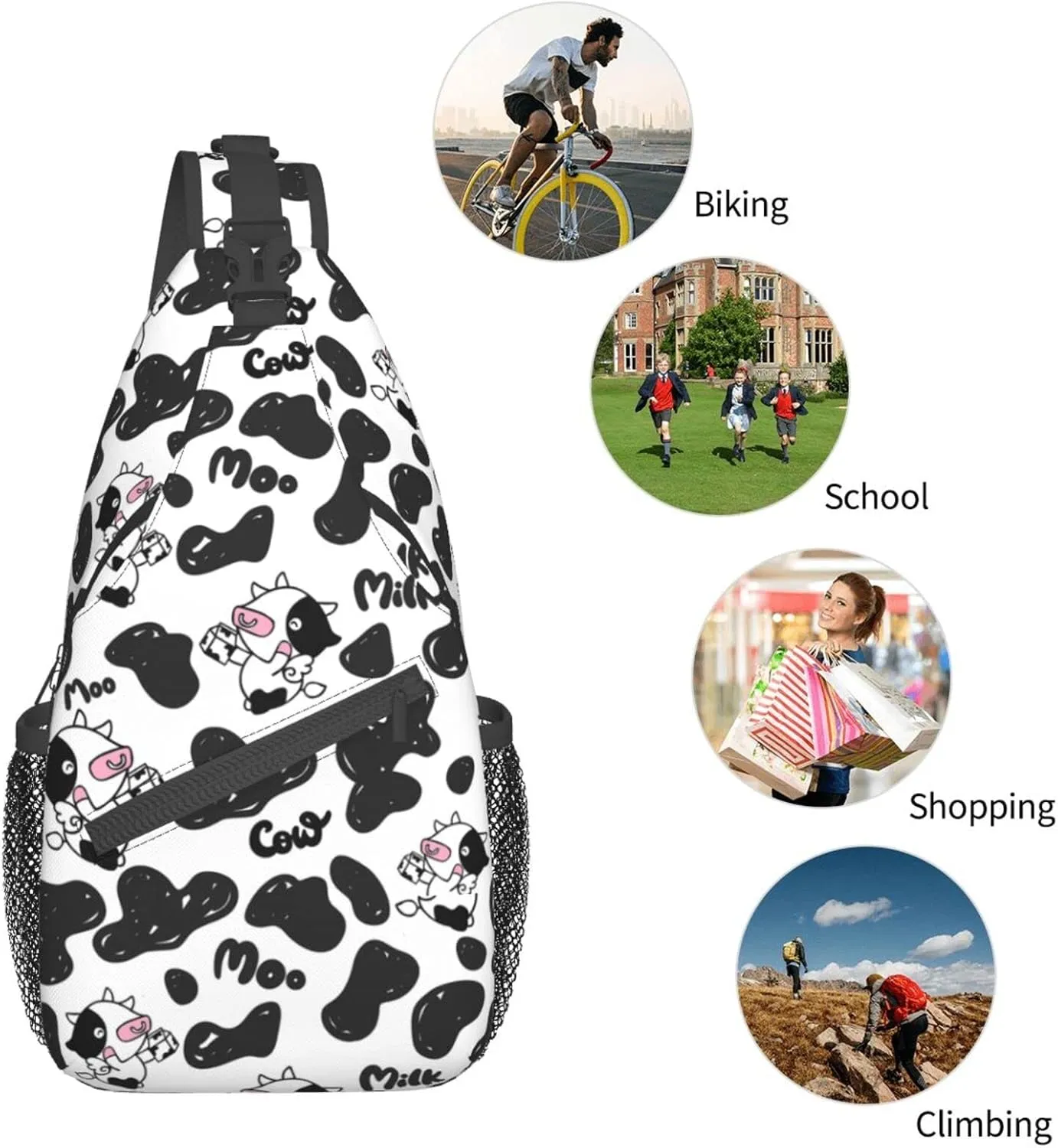 Cow Print White Sling Bag Crossbody Backpack Hiking Travel Daypack Chest Bag Lightweight Shoulder Bag For Women Men