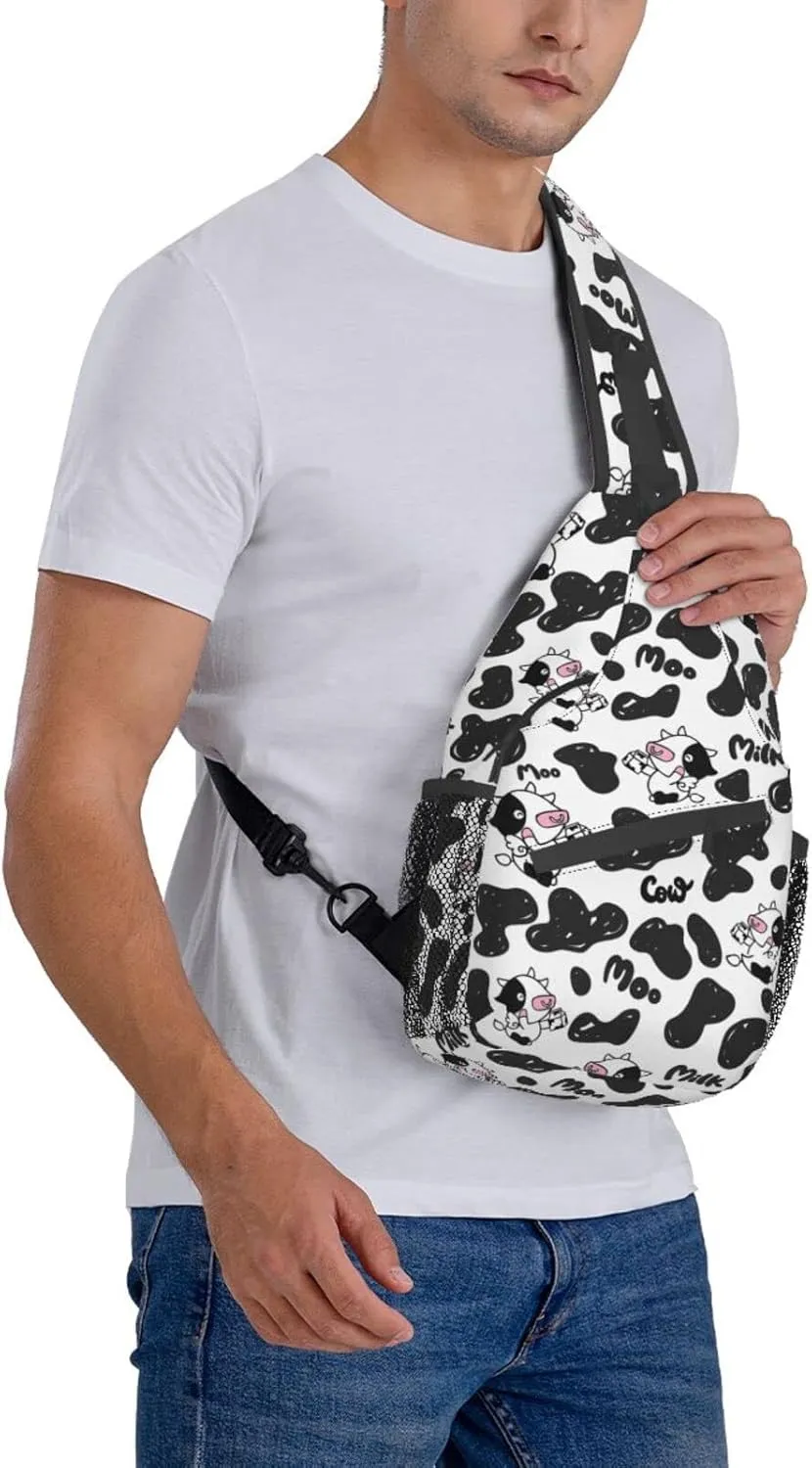 Cow Print White Sling Bag Crossbody Backpack Hiking Travel Daypack Chest Bag Lightweight Shoulder Bag For Women Men