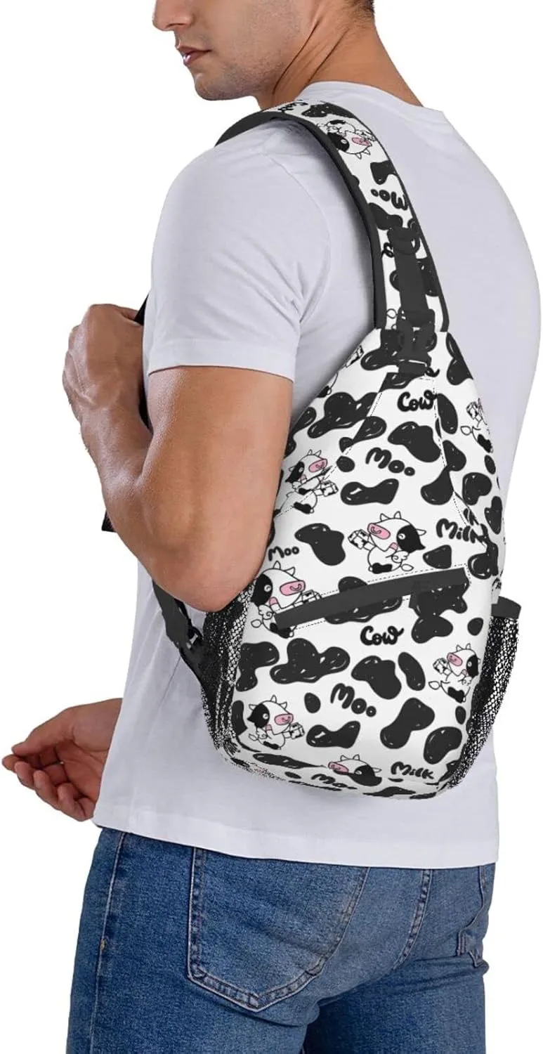 Cow Print White Sling Bag Crossbody Backpack Hiking Travel Daypack Chest Bag Lightweight Shoulder Bag For Women Men